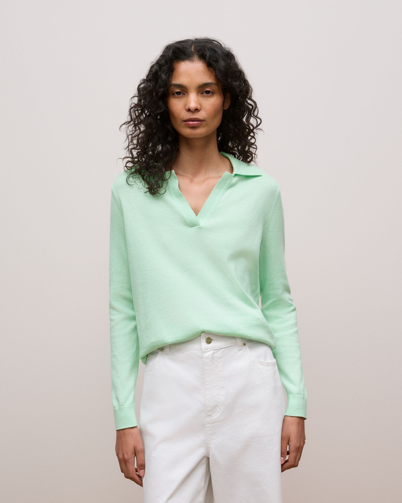Cotton Cashmere Long Sleeve Polo in Peppermint