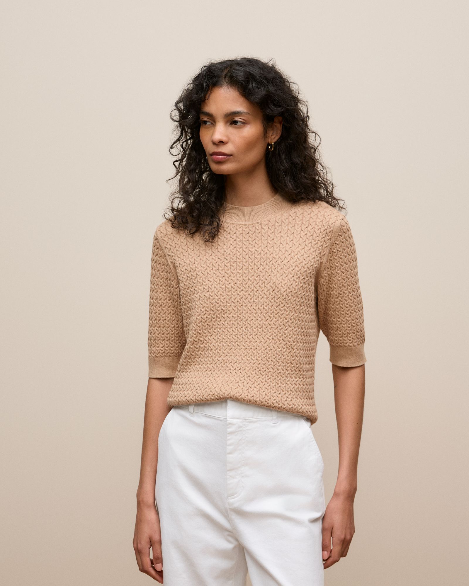 Cotton Cashmere Cable Mock Neck Knit in Camel