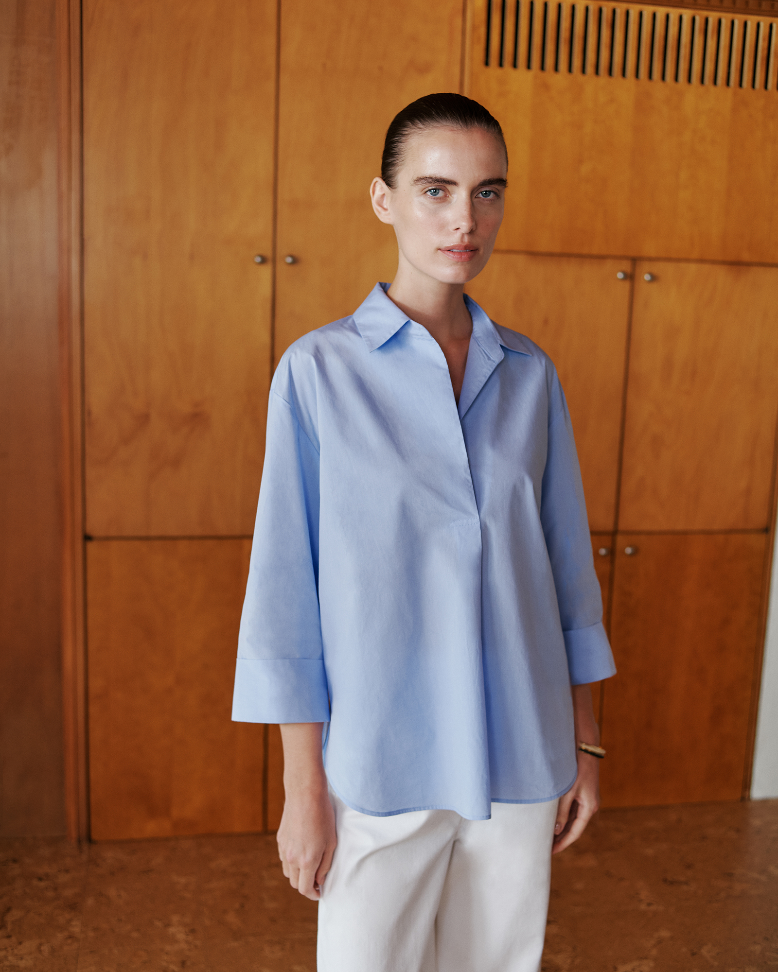 Yarn Dyed Cotton Poplin Half Sleeve Shirt in Sky
