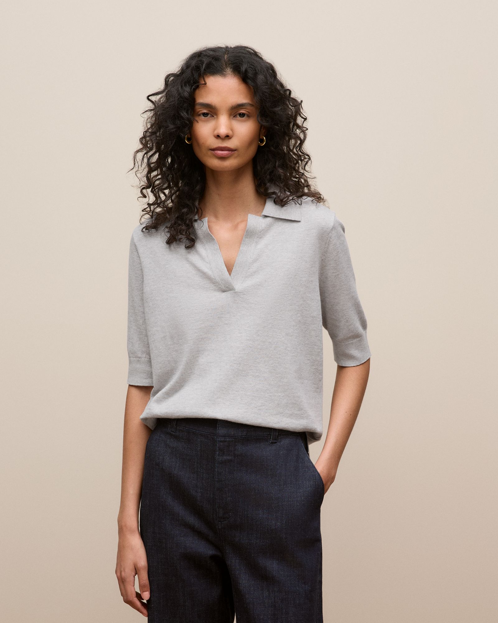 Cotton Cashmere Half Sleeve Polo in Grey Marle