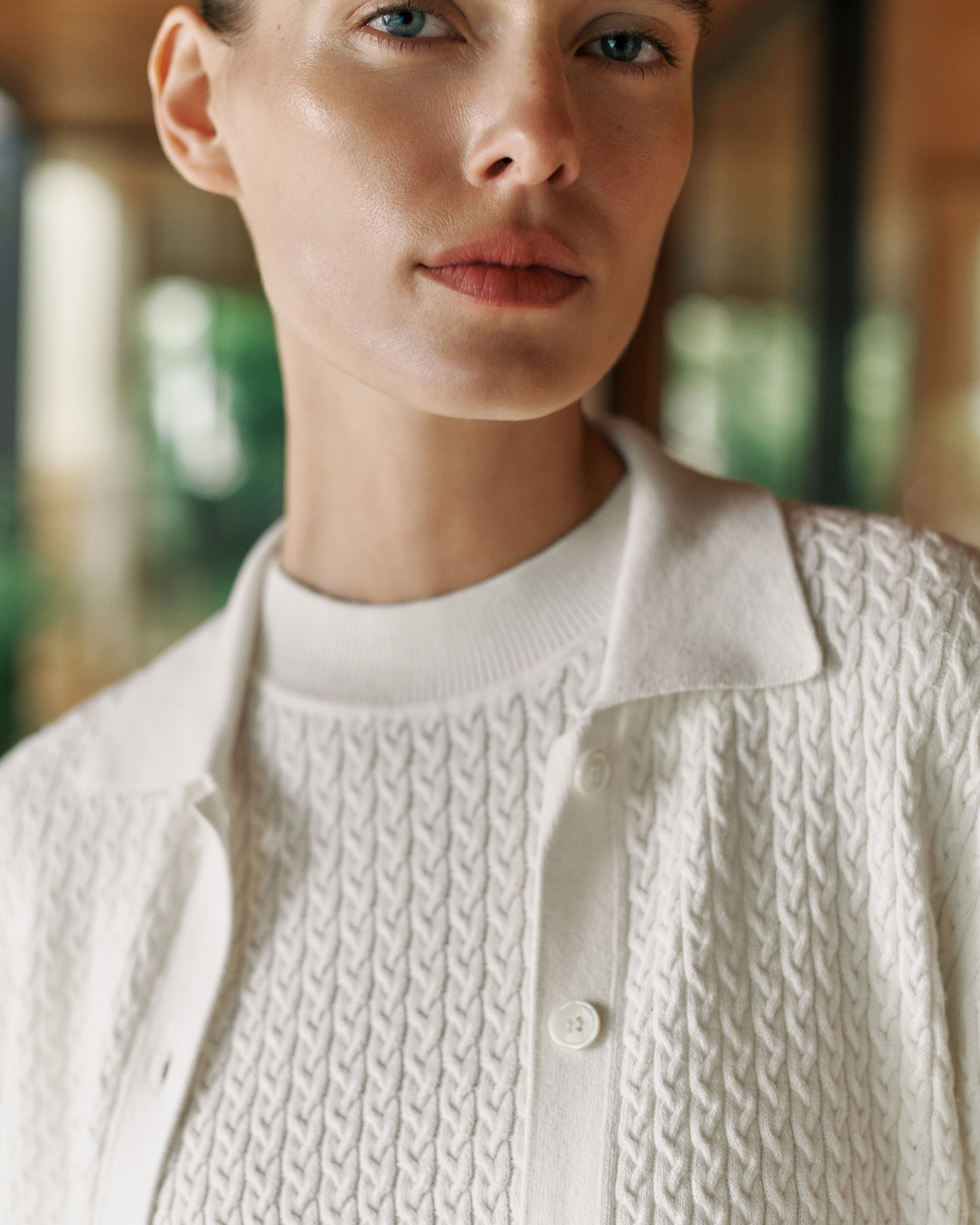 Cotton Cashmere Cable Mock Neck Knit in Ivory