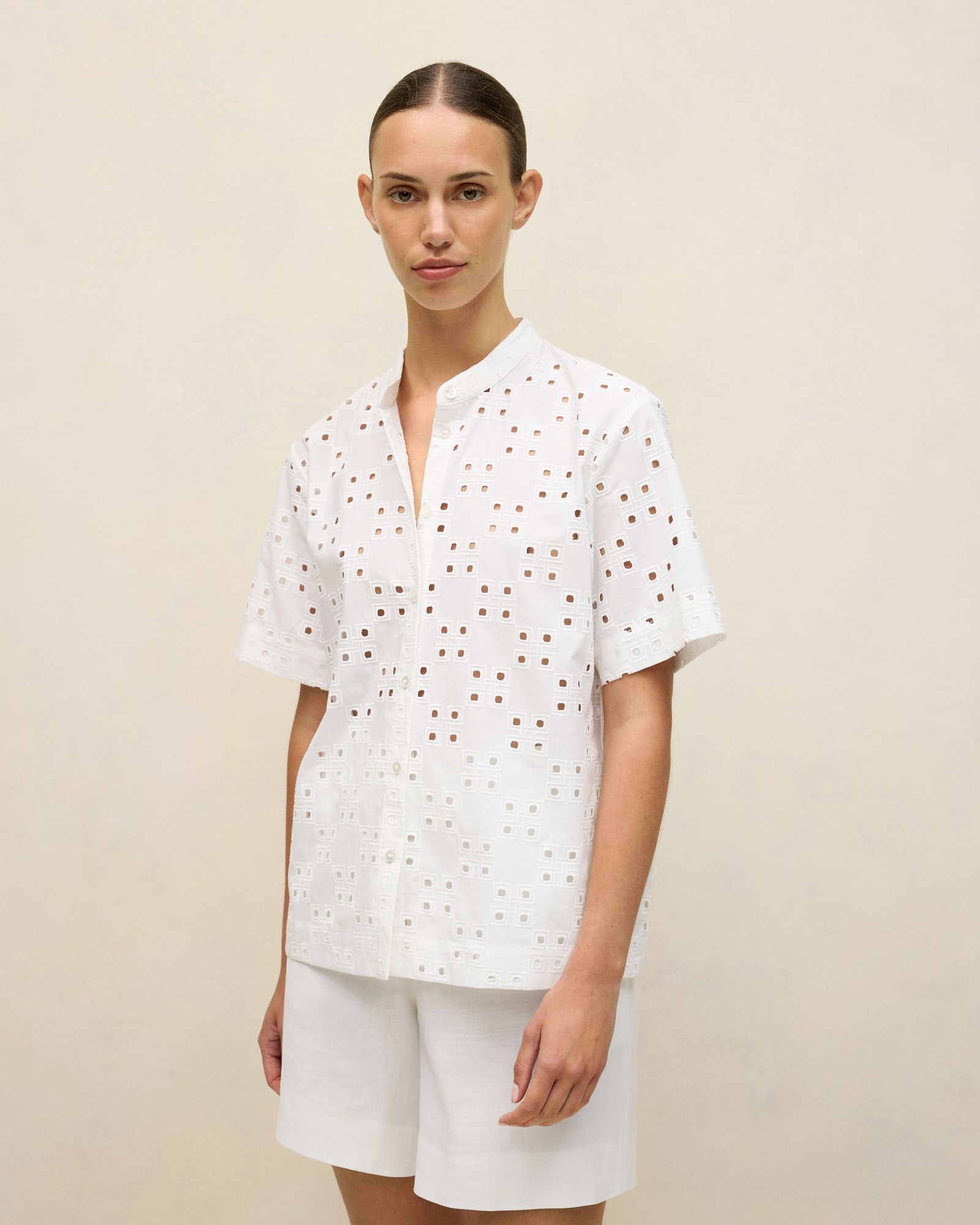Cotton Geo Cutwork Short Sleeve Shirt in White