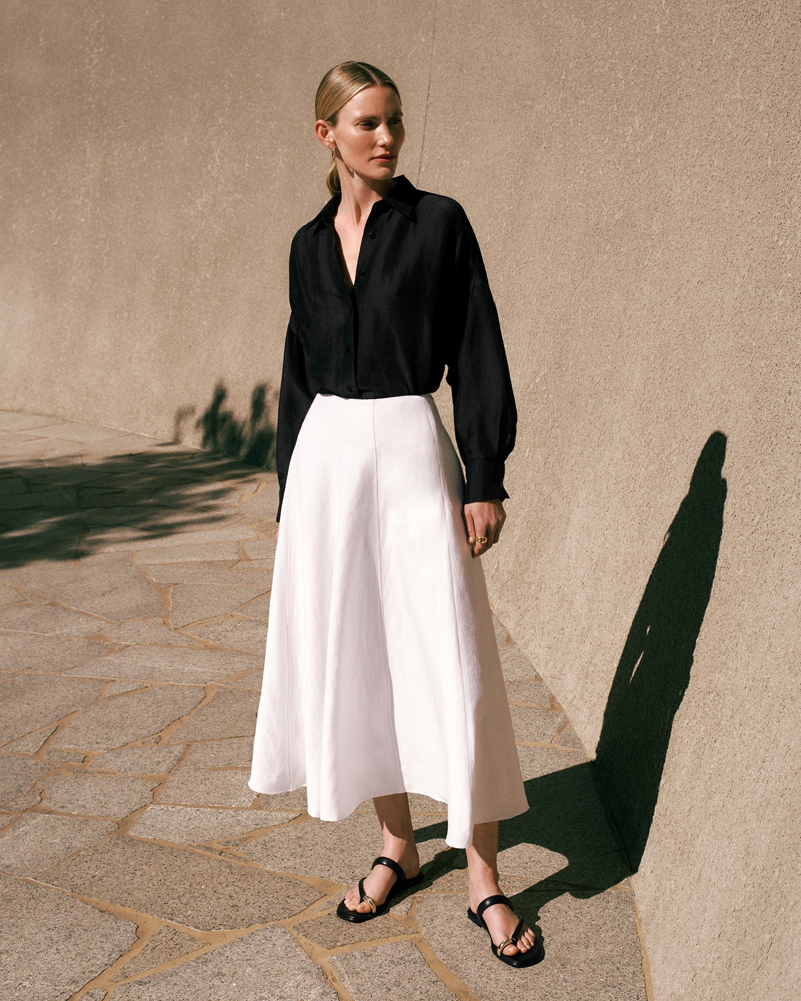 Textured Flare Midi Skirt in White
