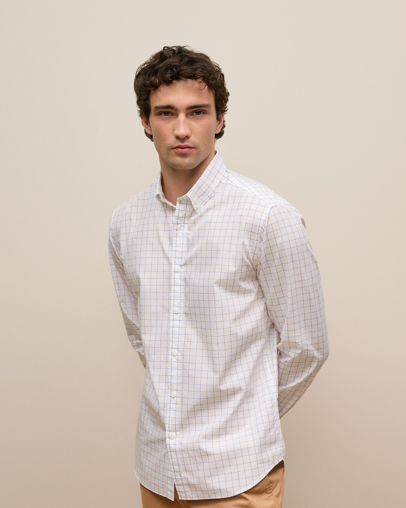 Regular Fit Poplin Grid Long Sleeve Shirt in White