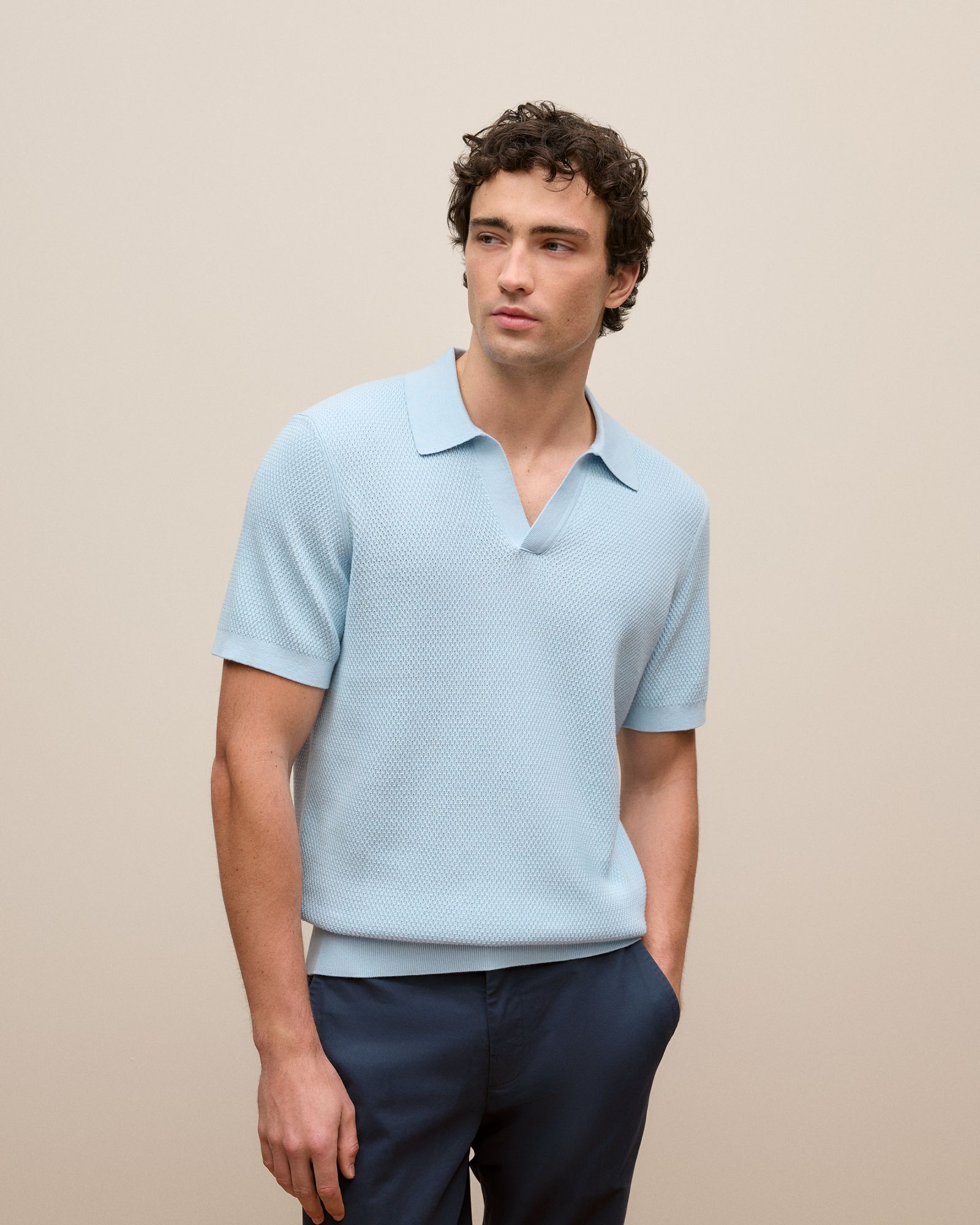Cotton Texture Stitch Polo in Soft Blue