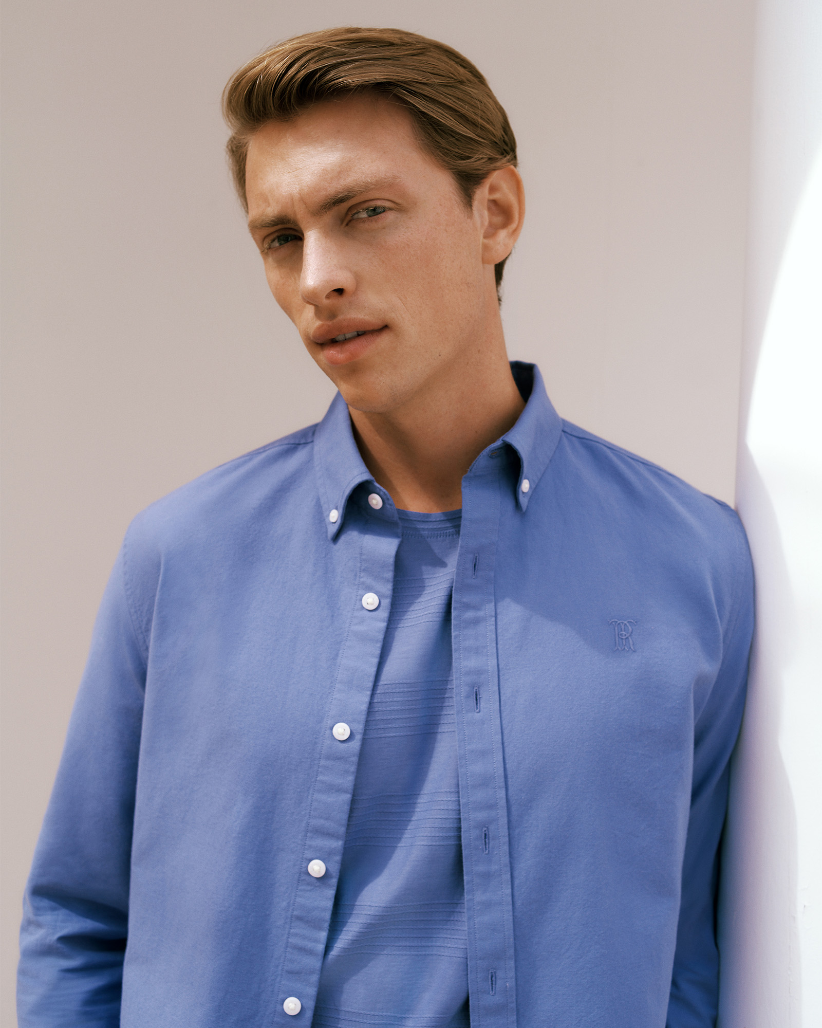 Regular Fit Monogram Oxford Shirt in Dusty Blue