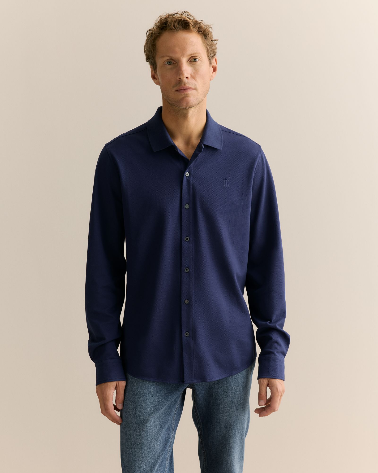 Tailored Fit Pique Cotton Monogram Shirt in Strong Blue