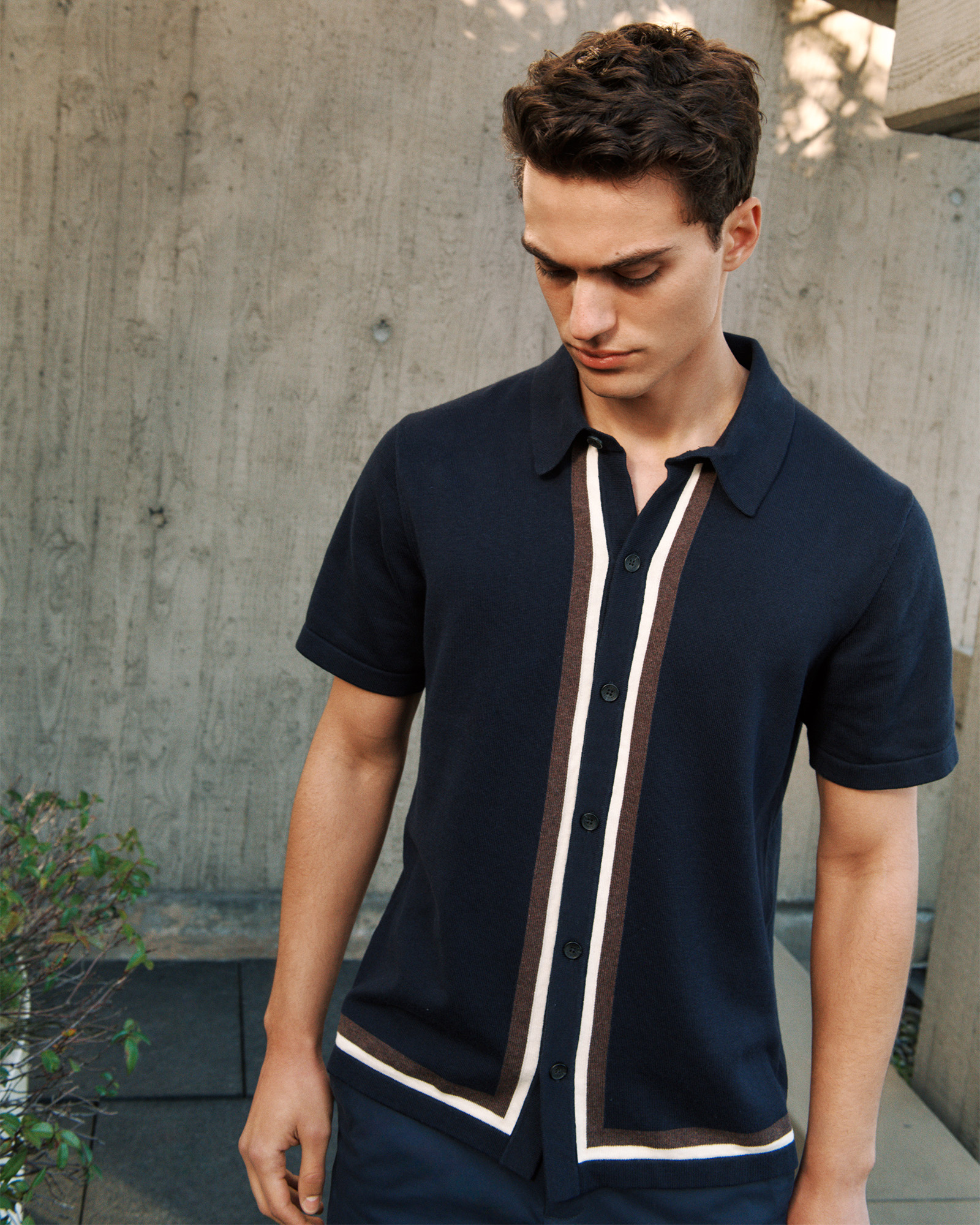 Cotton Silk Graphic Knit Shirt in Navy