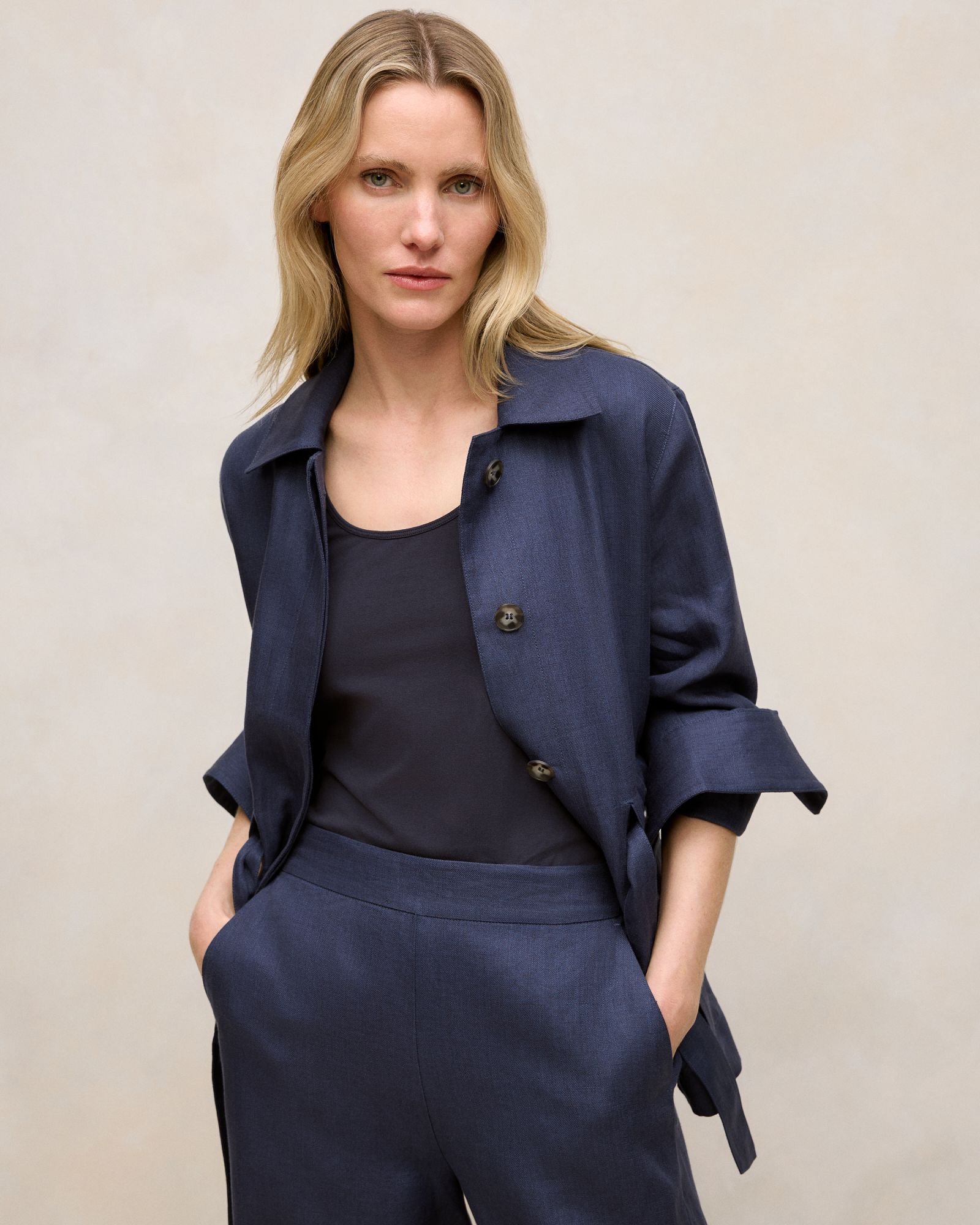 Linen Pocket Detail Belted Jacket in Night Sky