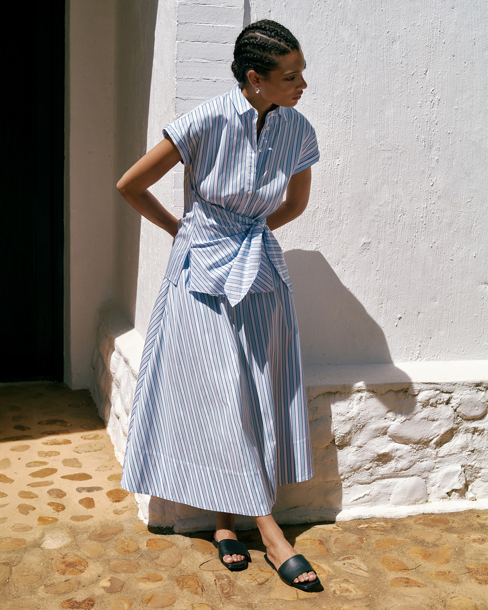 Jacquard Stripe Poplin Skirt in Pastel Blue