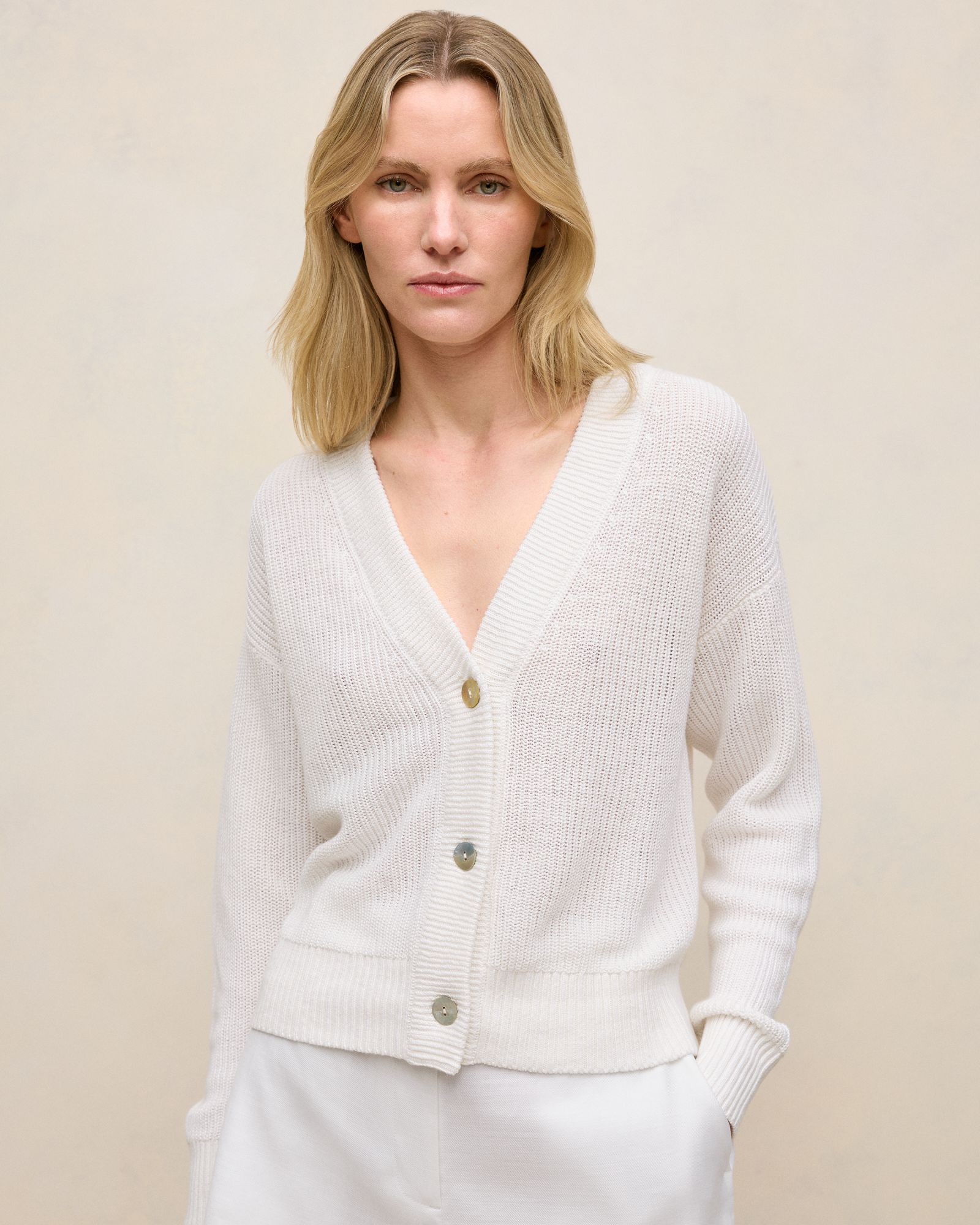 Linen Relaxed Cardigan in Ivory