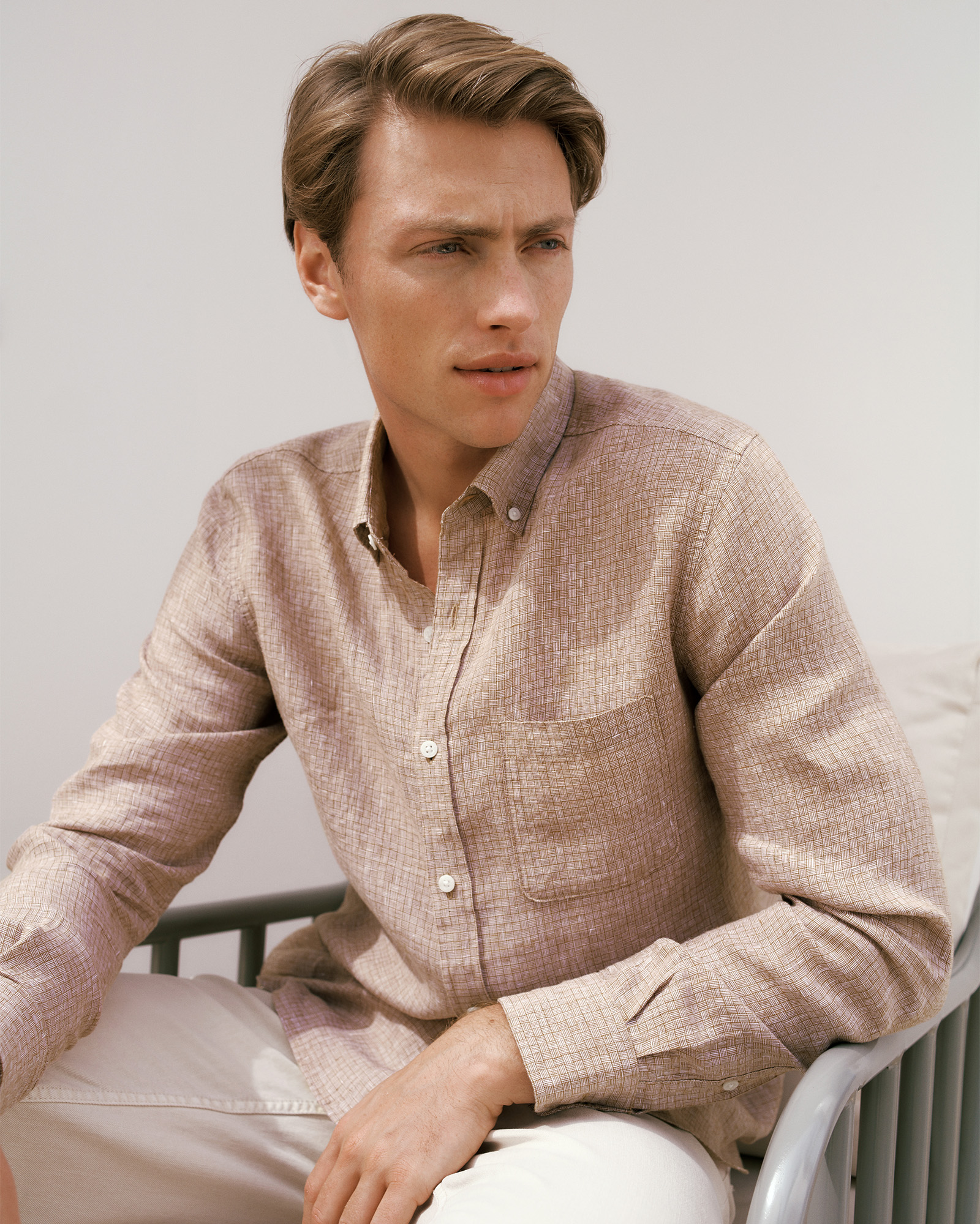 Regular Fit Yarn Dyed Linen Grid Shirt in Camel