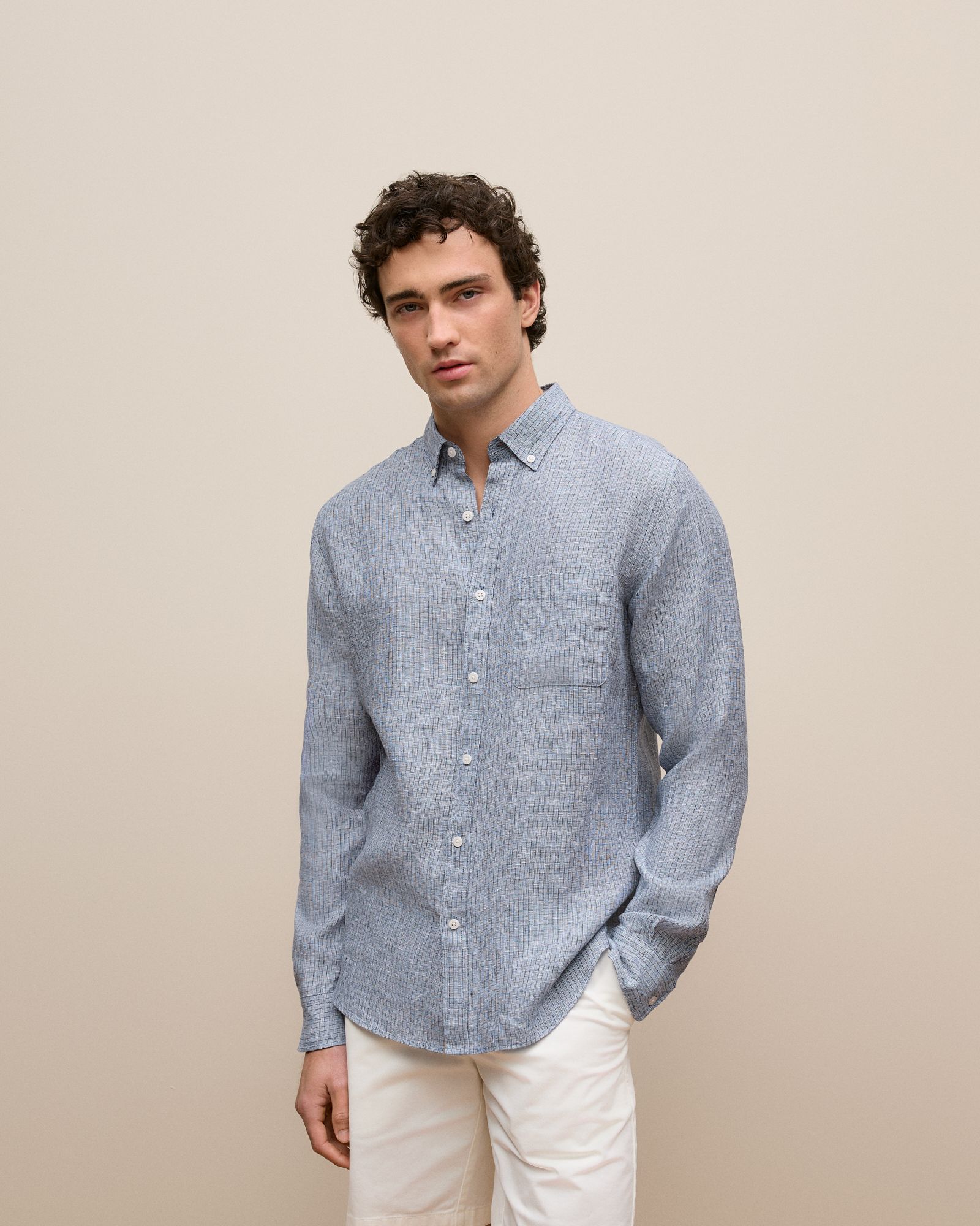 Regular Fit Yarn Dyed Linen Grid Shirt in Navy