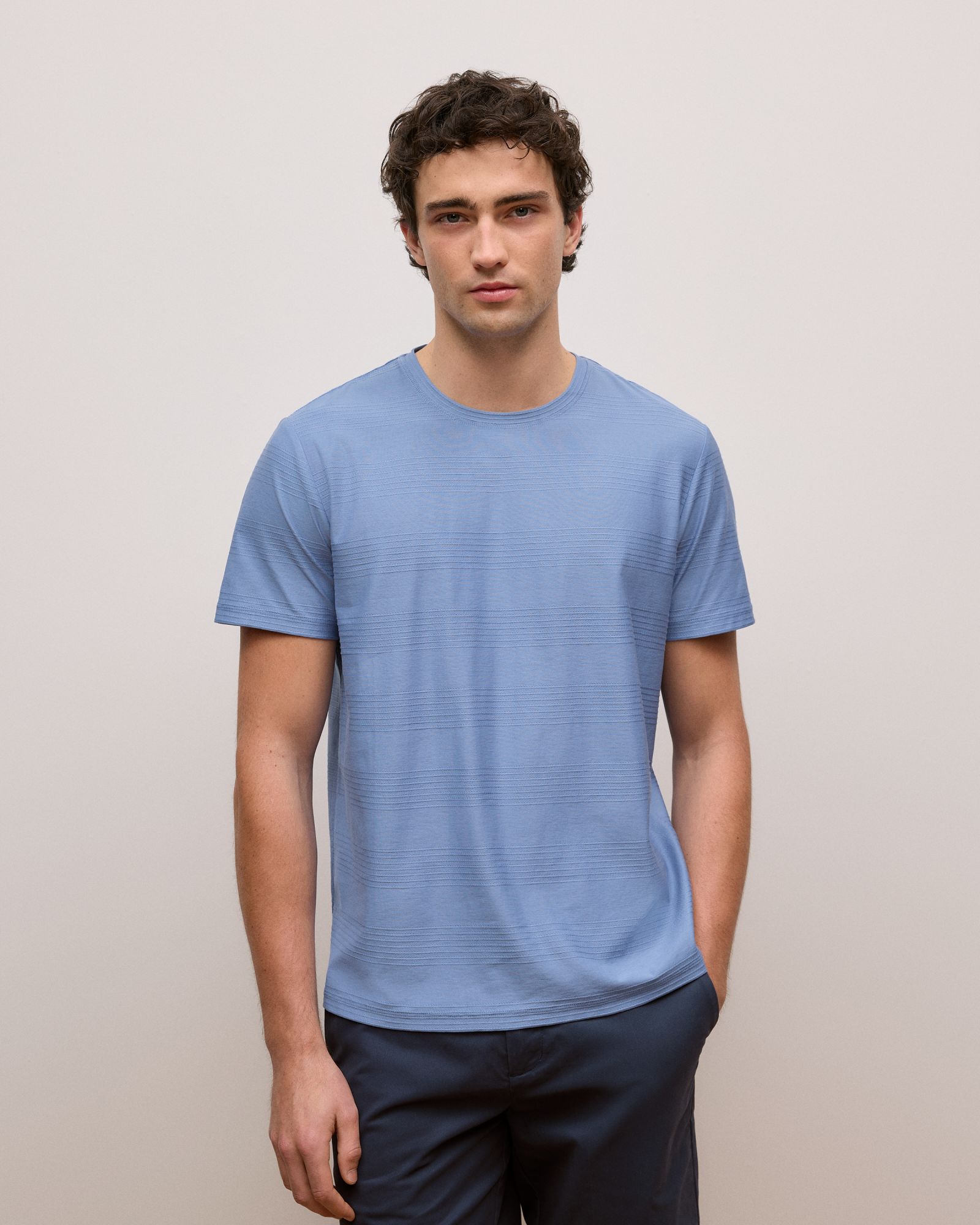 Cotton Jacquard Stripe T-shirt in Dusty Blue
