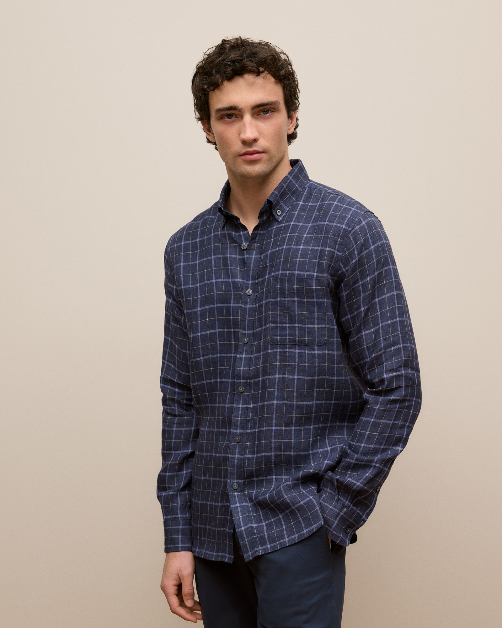 Regular Fit Linen Fine Check Shirt in Navy
