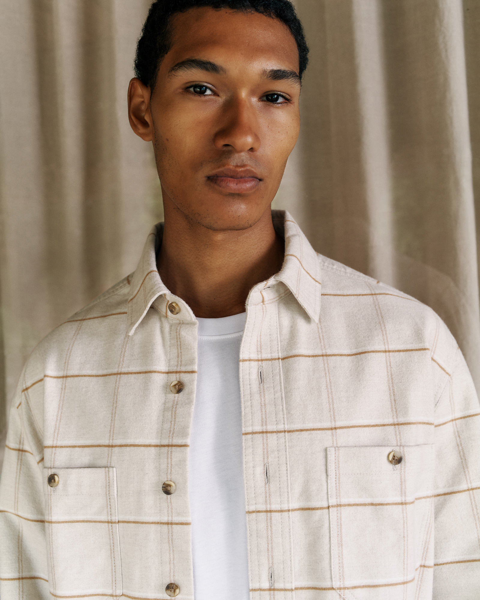 Brushed Cotton Windowpane Overshirt in Stone