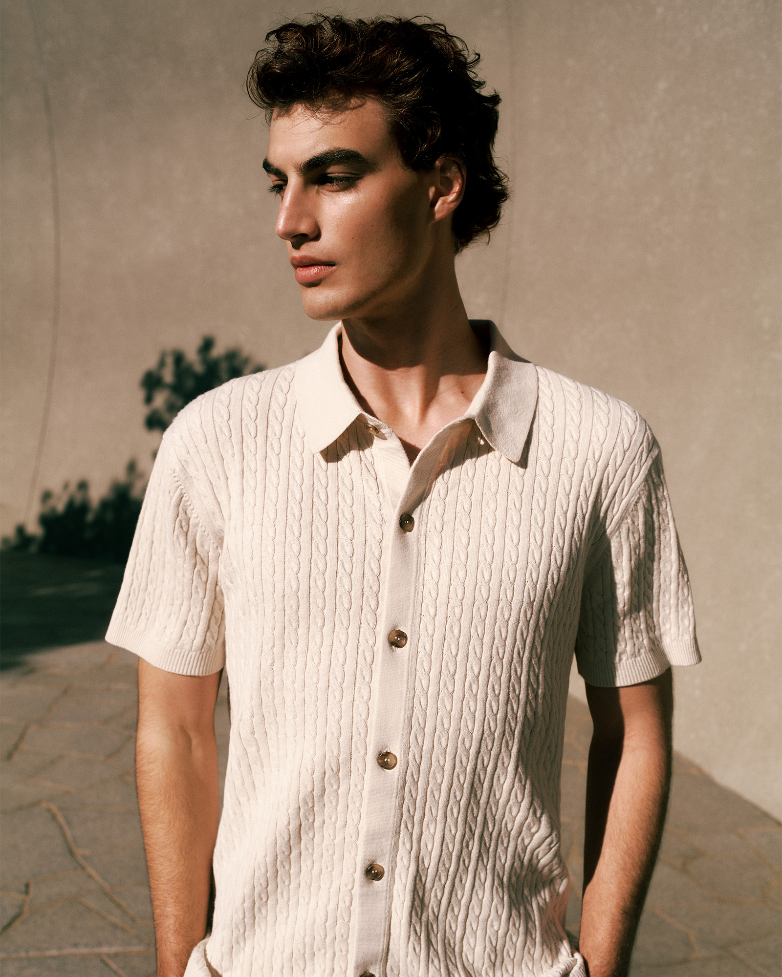 Cotton Cable Short Sleeve Shirt in Stone