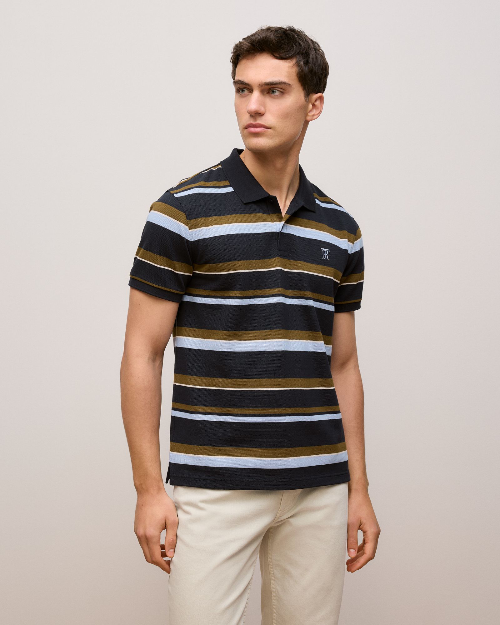 Colour Block Stripe Monogram Polo in Navy