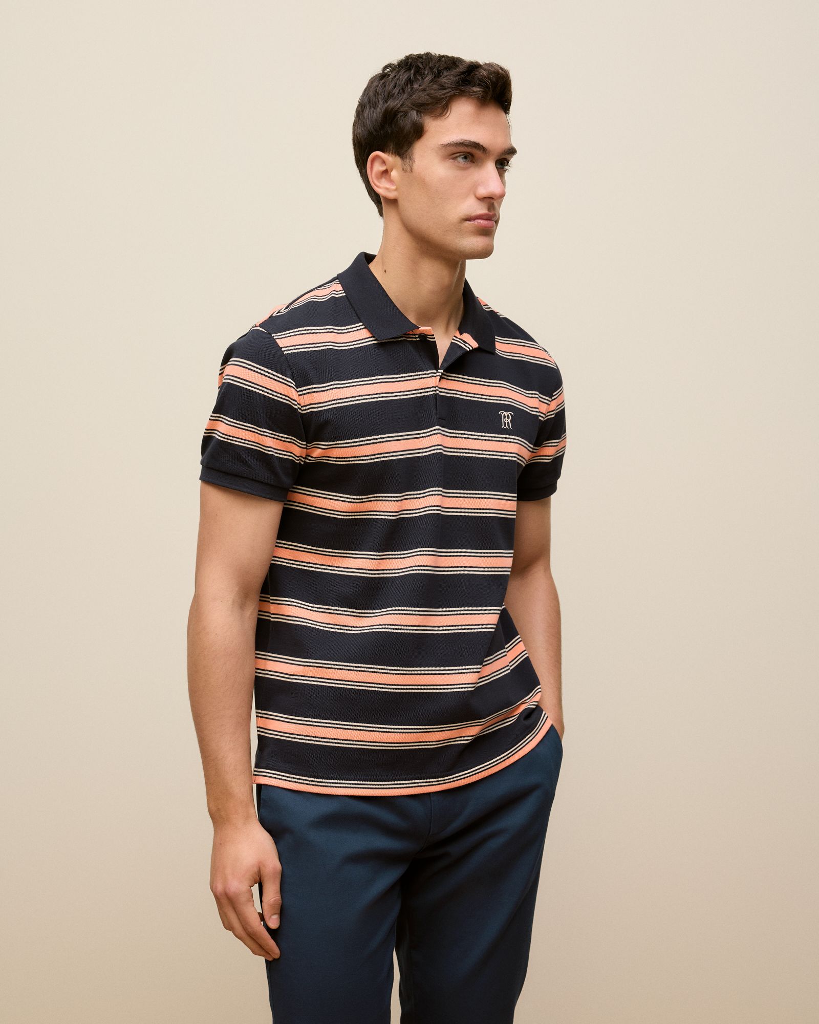 Textured Stripe Monogram Polo in Navy