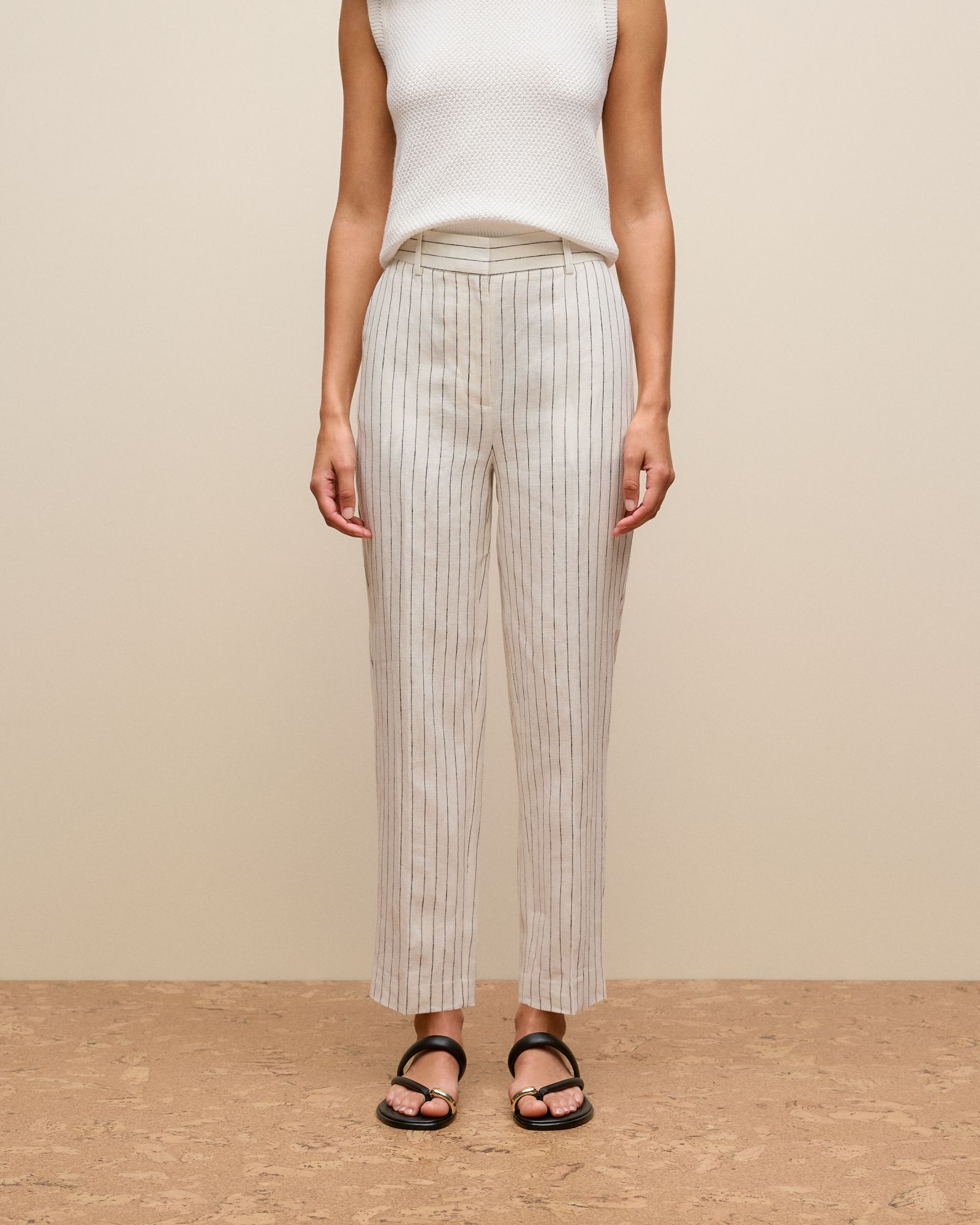 Linen Pinstripe Straight Leg Pant in White