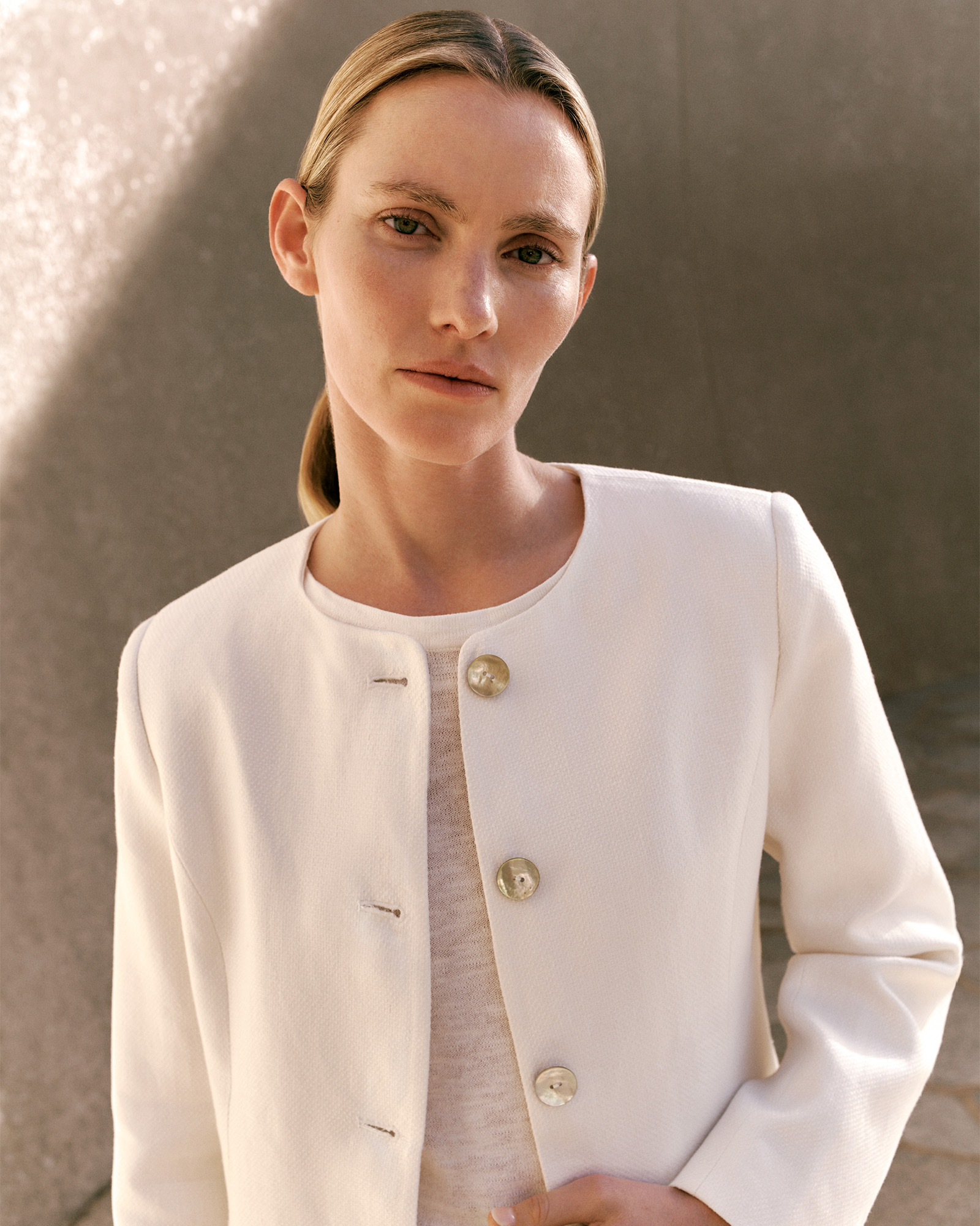 Basketweave Linen Collarless Jacket in Pearl