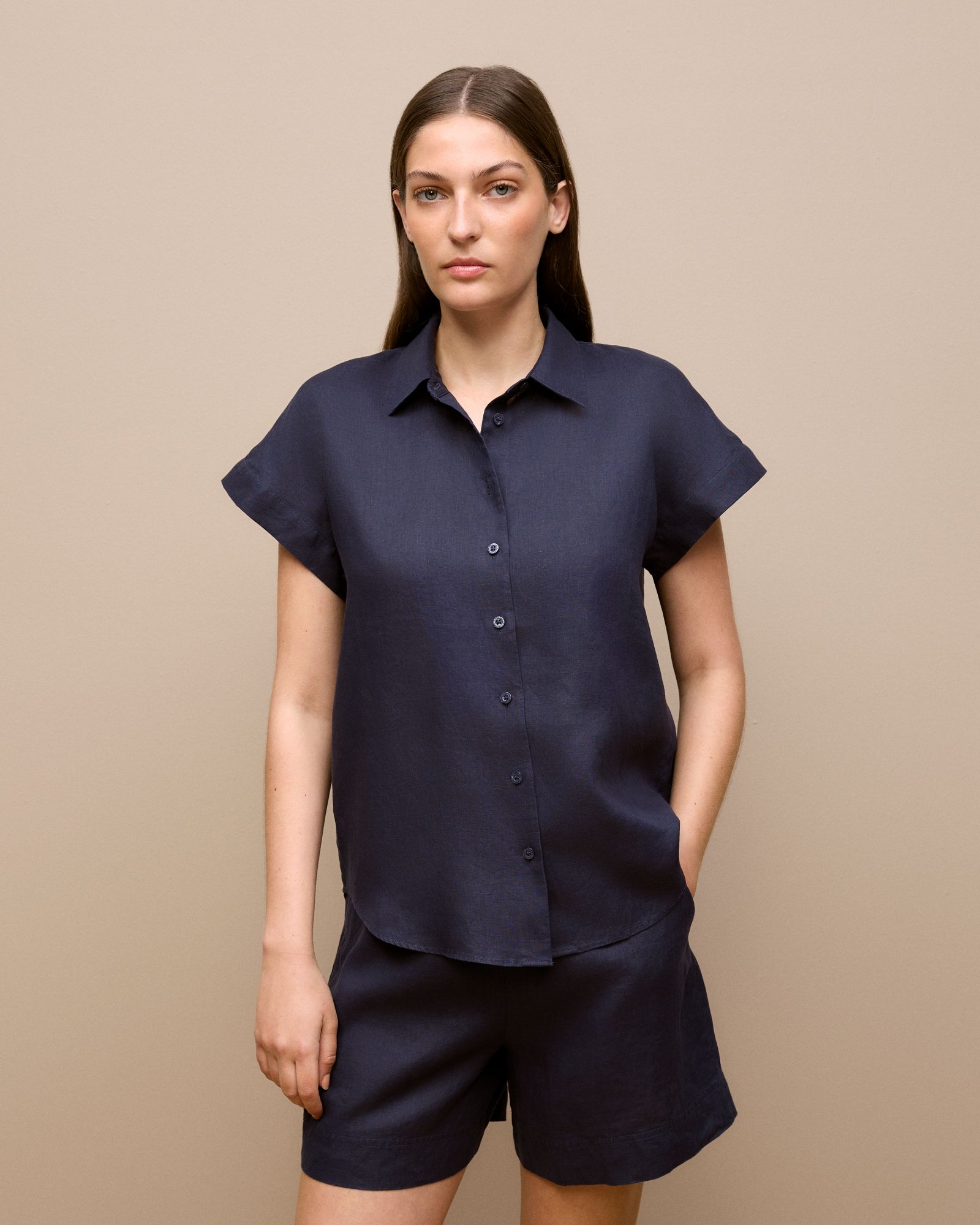 Linen Cap Sleeve Shirt in Night Sky