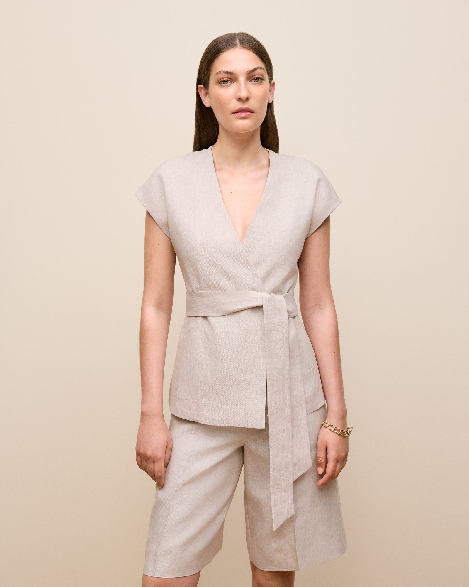 Yarn Dyed Linen Cap Sleeve Vest in Flax
