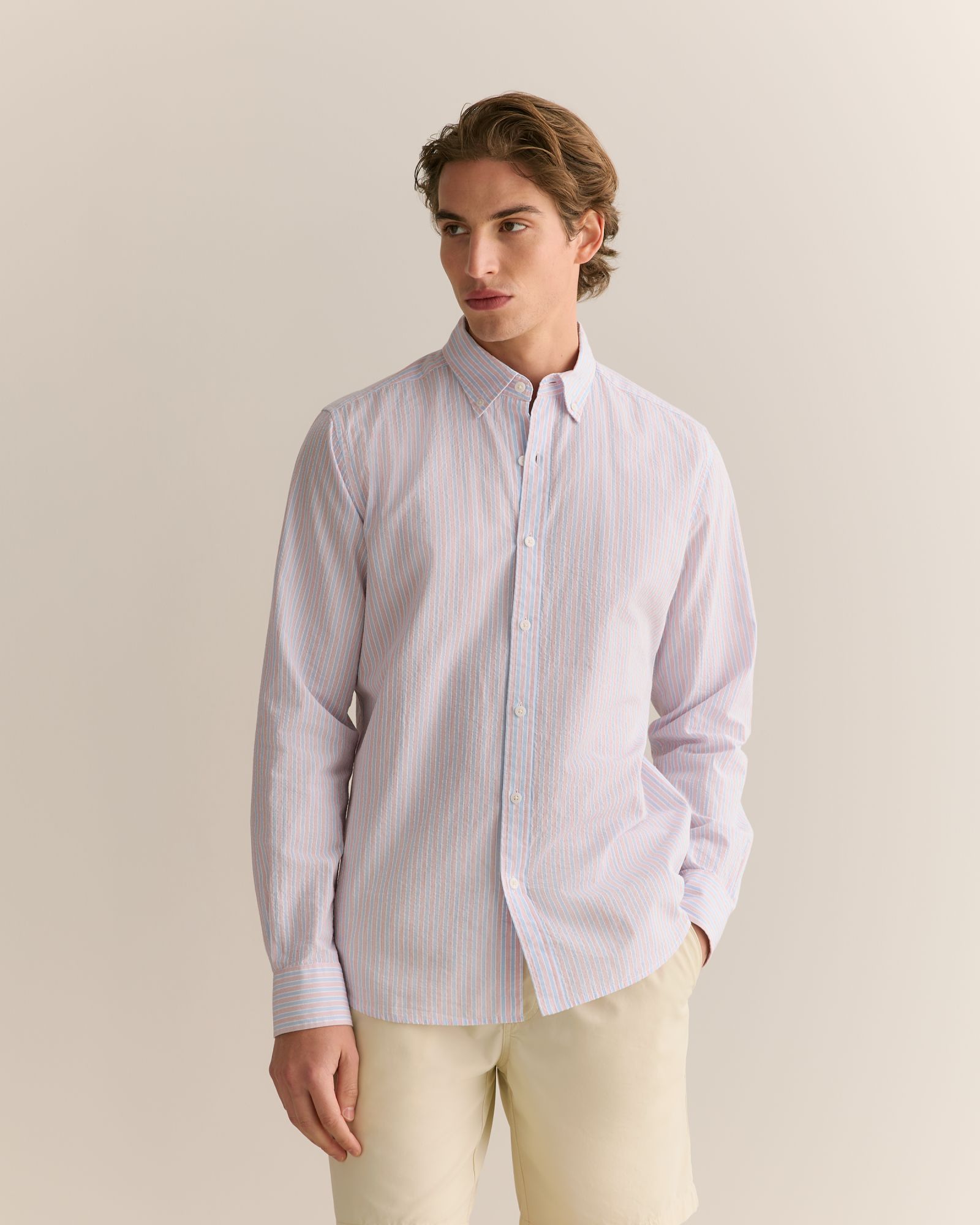 Regular Fit Cotton Seersucker Stripe Shirt in Wedgewood Blue