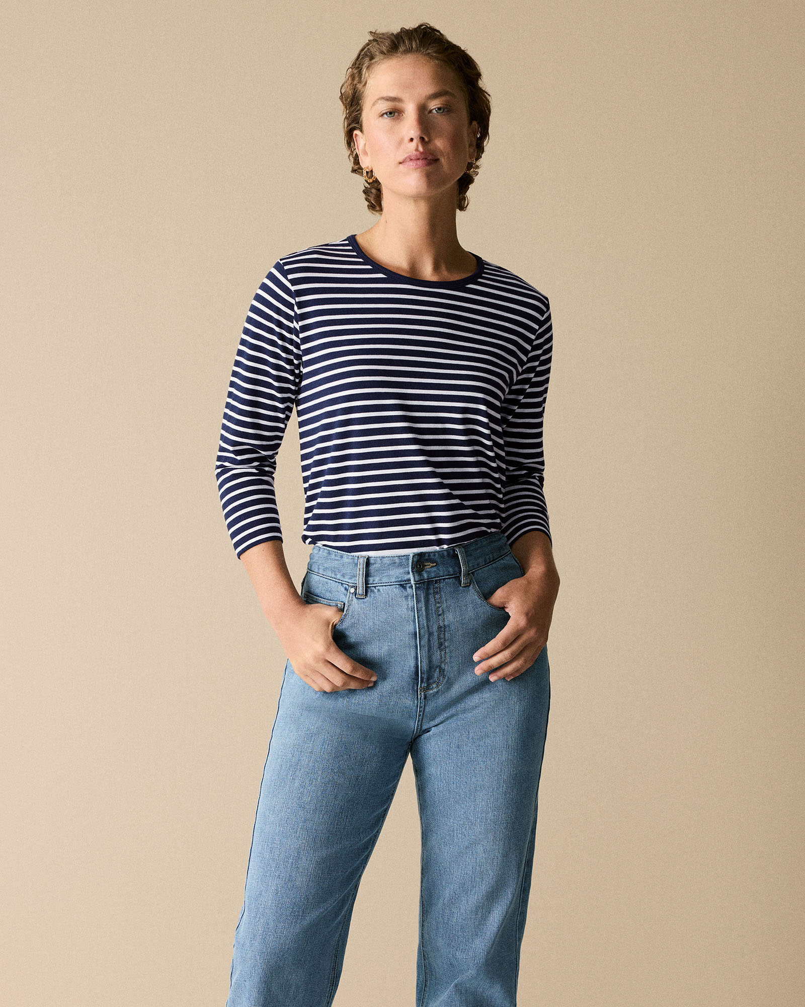 Cotton Stripe 3/4 Sleeve T-shirt in Night Sky