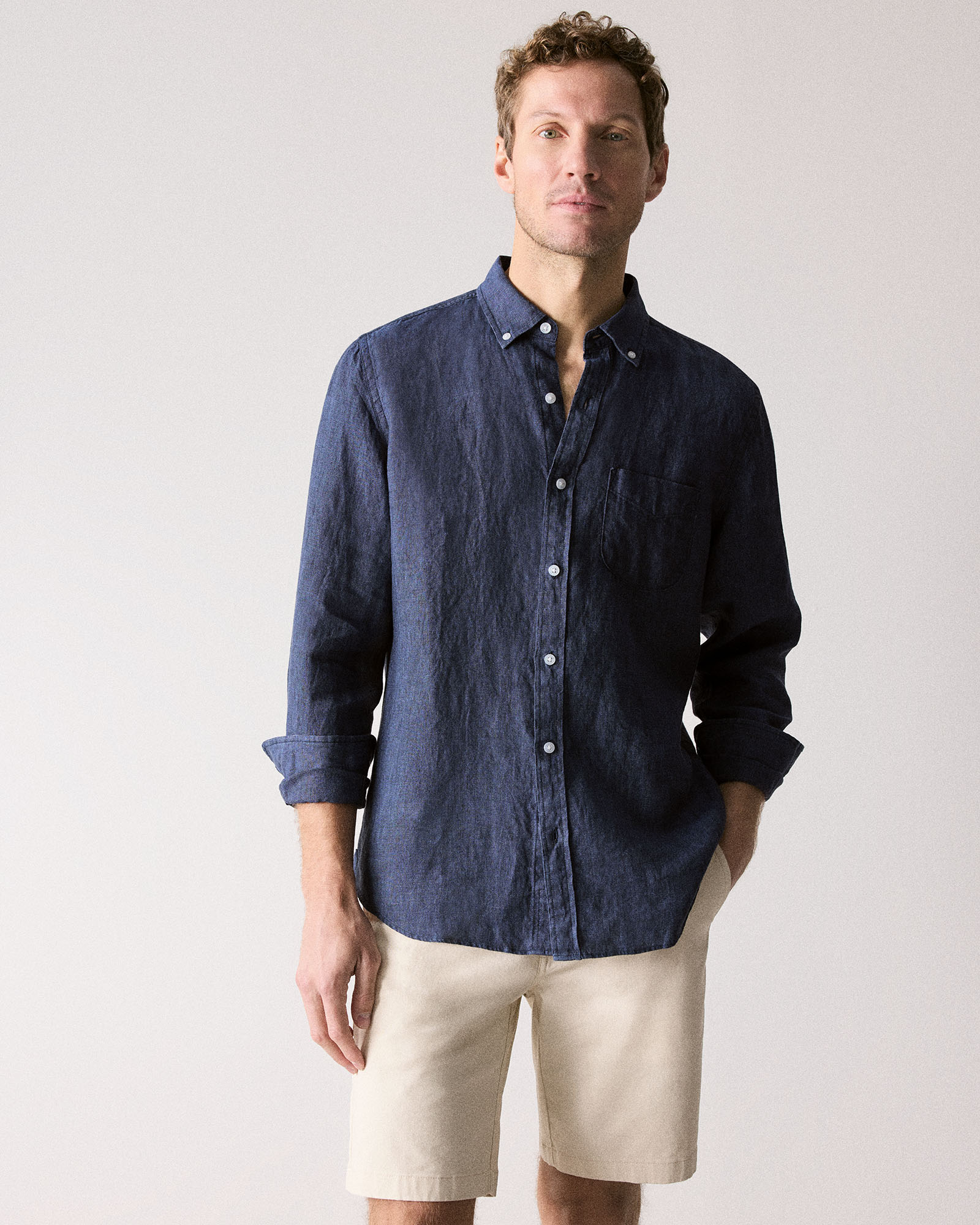 Regular Fit Delave Linen Long Sleeve Shirt in French Navy