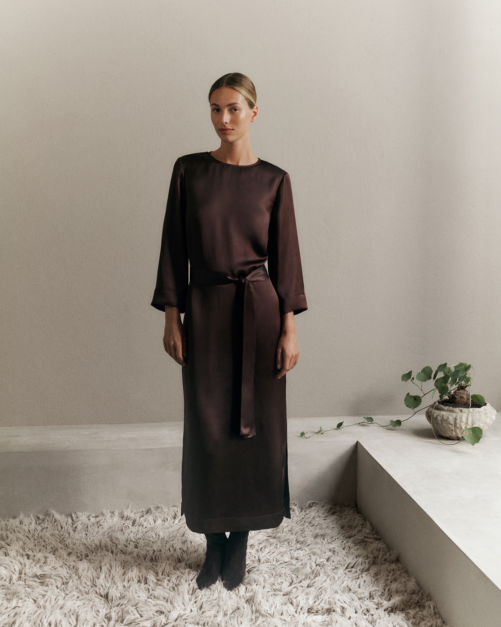 Satin Belted Column Dress in Coffee Bean