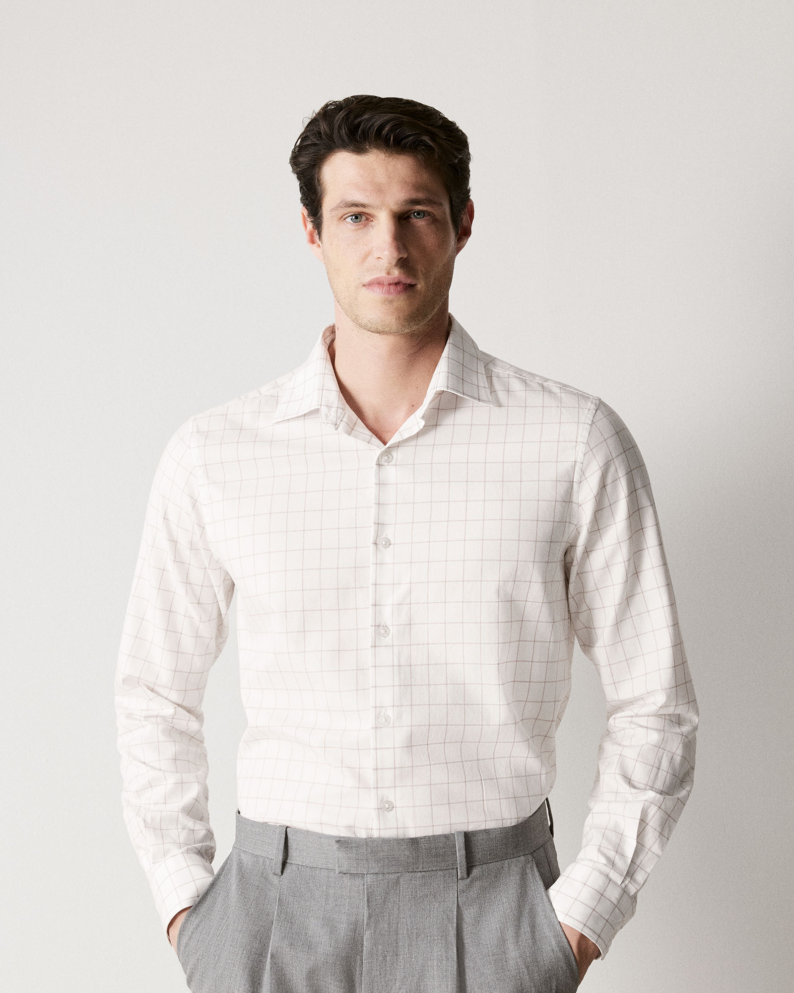 Tailored Fit Cotton Twill Window Pane Check Shirt in White