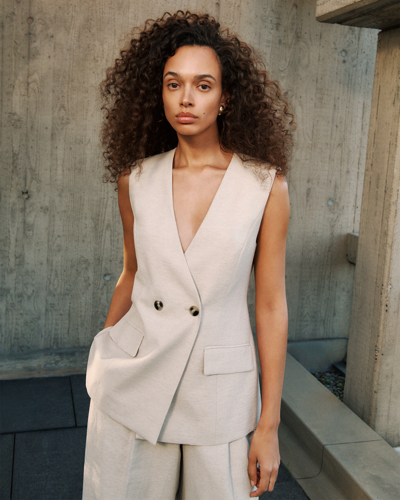 Linen Blend Tailored Vest in Stone