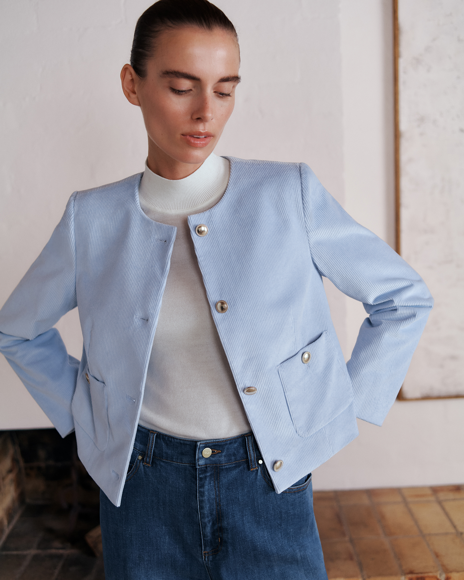 Italian Cord Button Front Jacket in Mist Blue