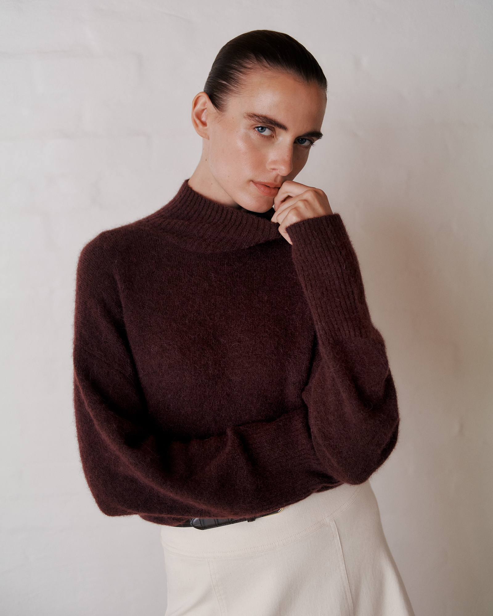 Alpaca Merino Blend Relaxed Mock Neck in Espresso