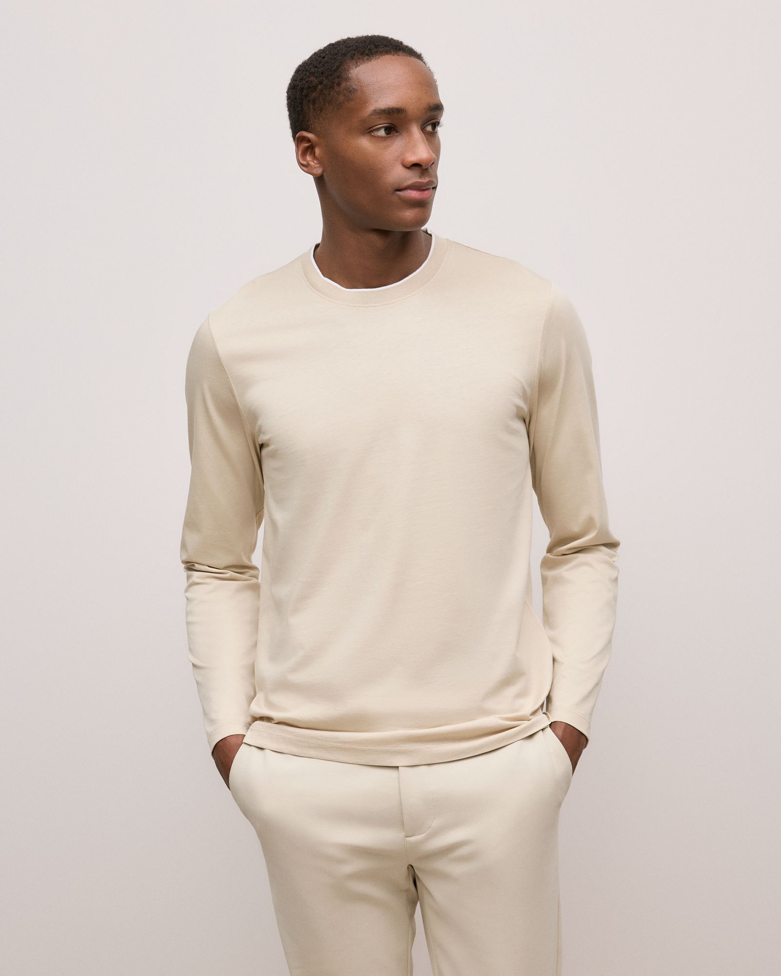 Mercerised Cotton Tipped Long Sleeve T-shirt in Fawn
