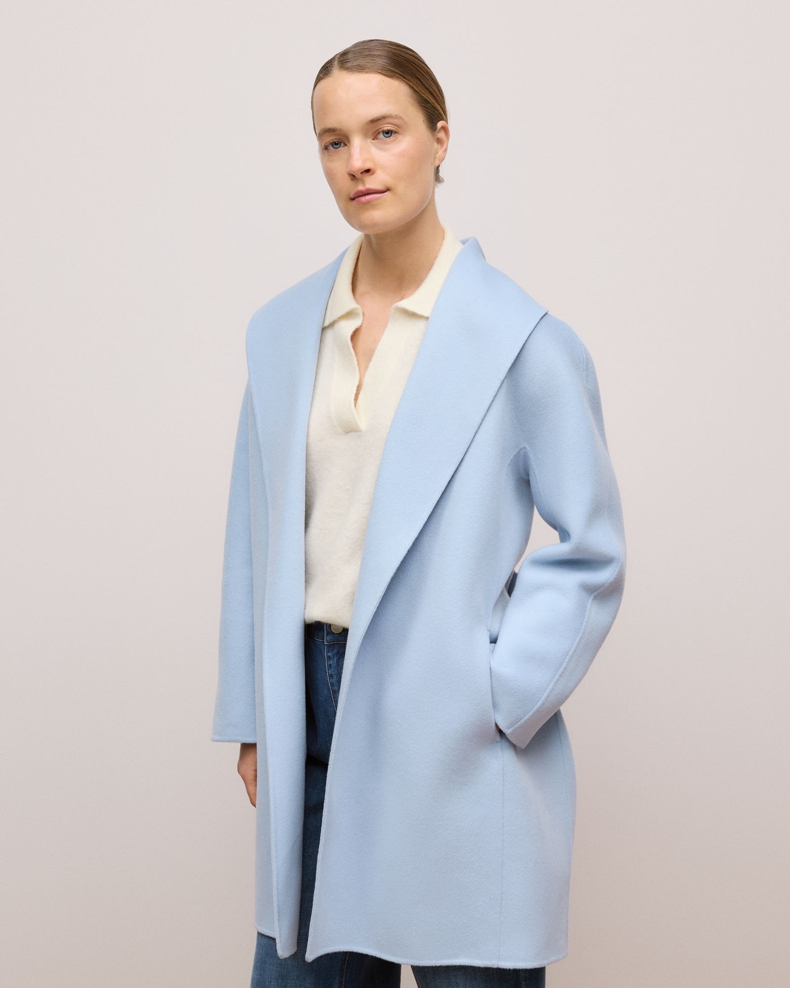 Double Faced Wool Wrap Coat in Mist Blue