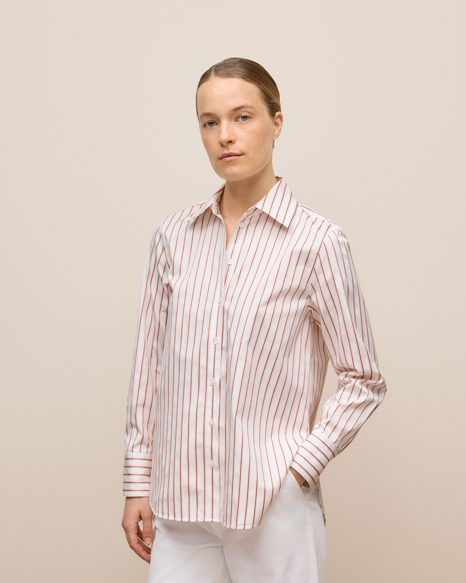 Cotton Poplin Jacquard Stripe Shirt in Pink Rose