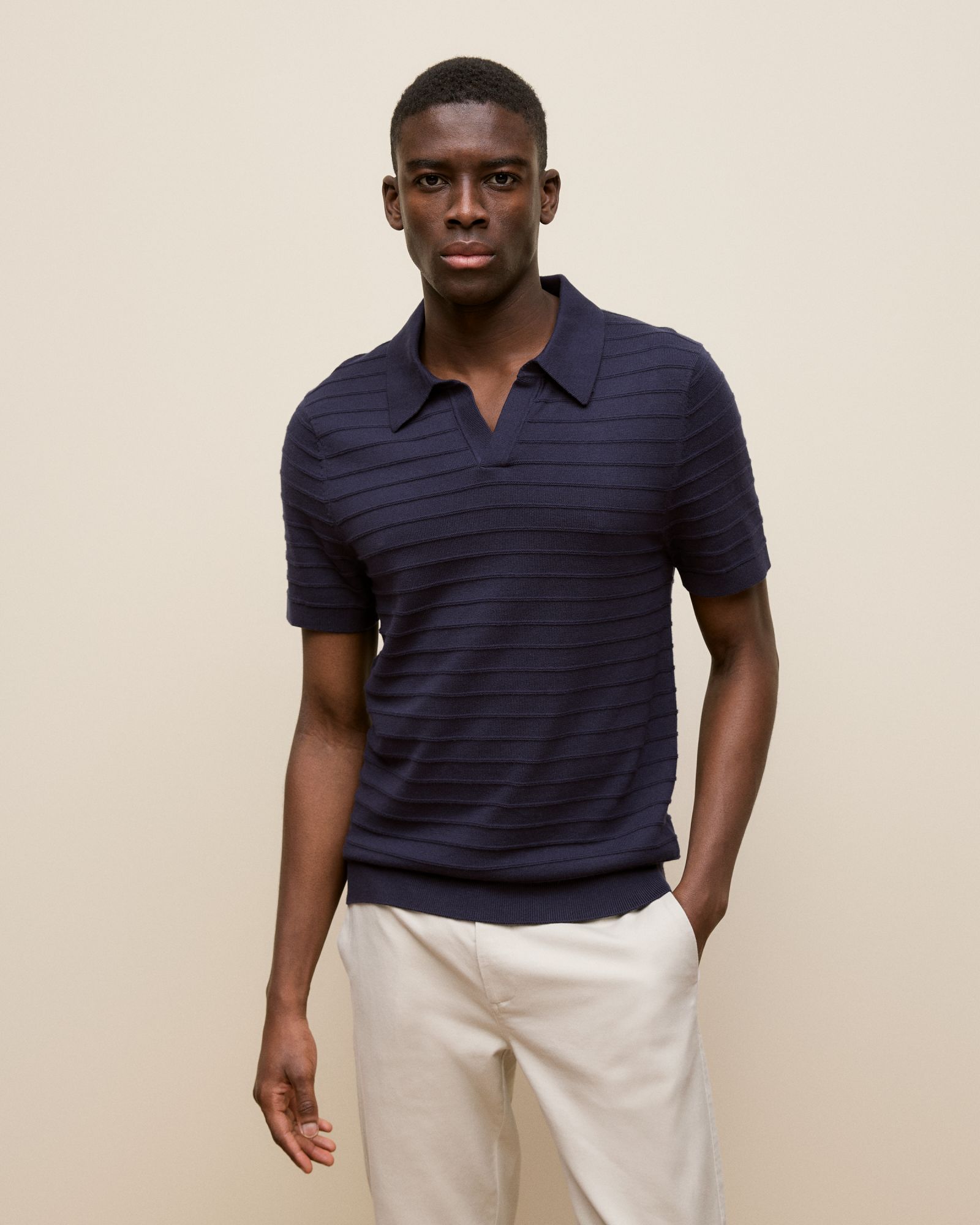 Cotton Silk Textured Polo in Navy