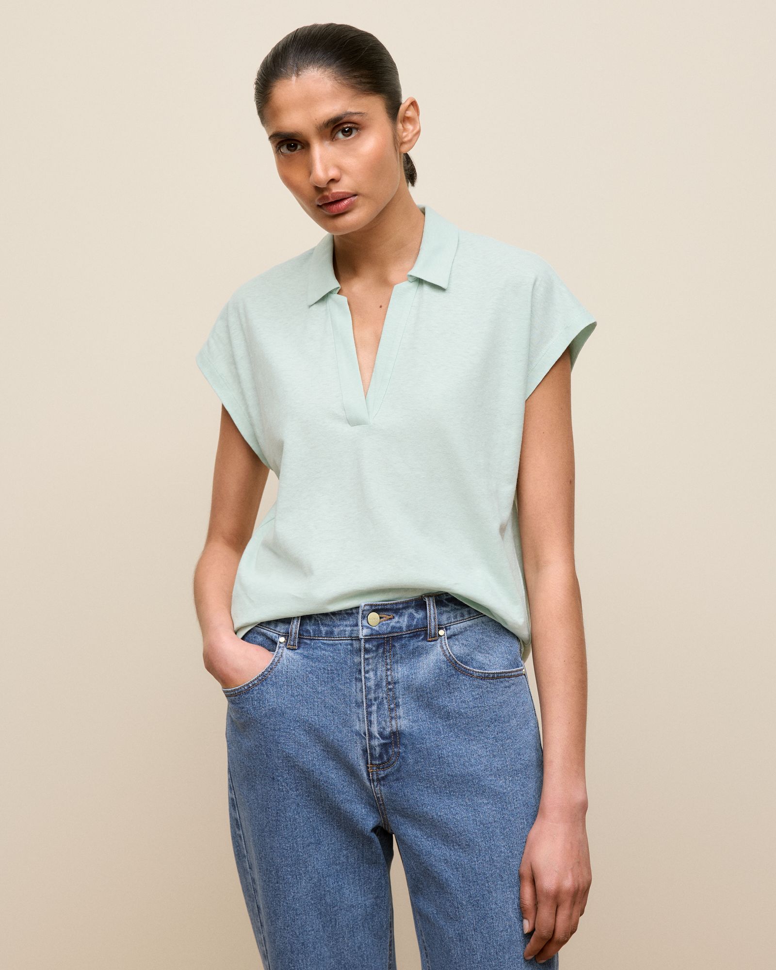 Linen Cotton Relaxed Cap Sleeve Polo in Light Mint