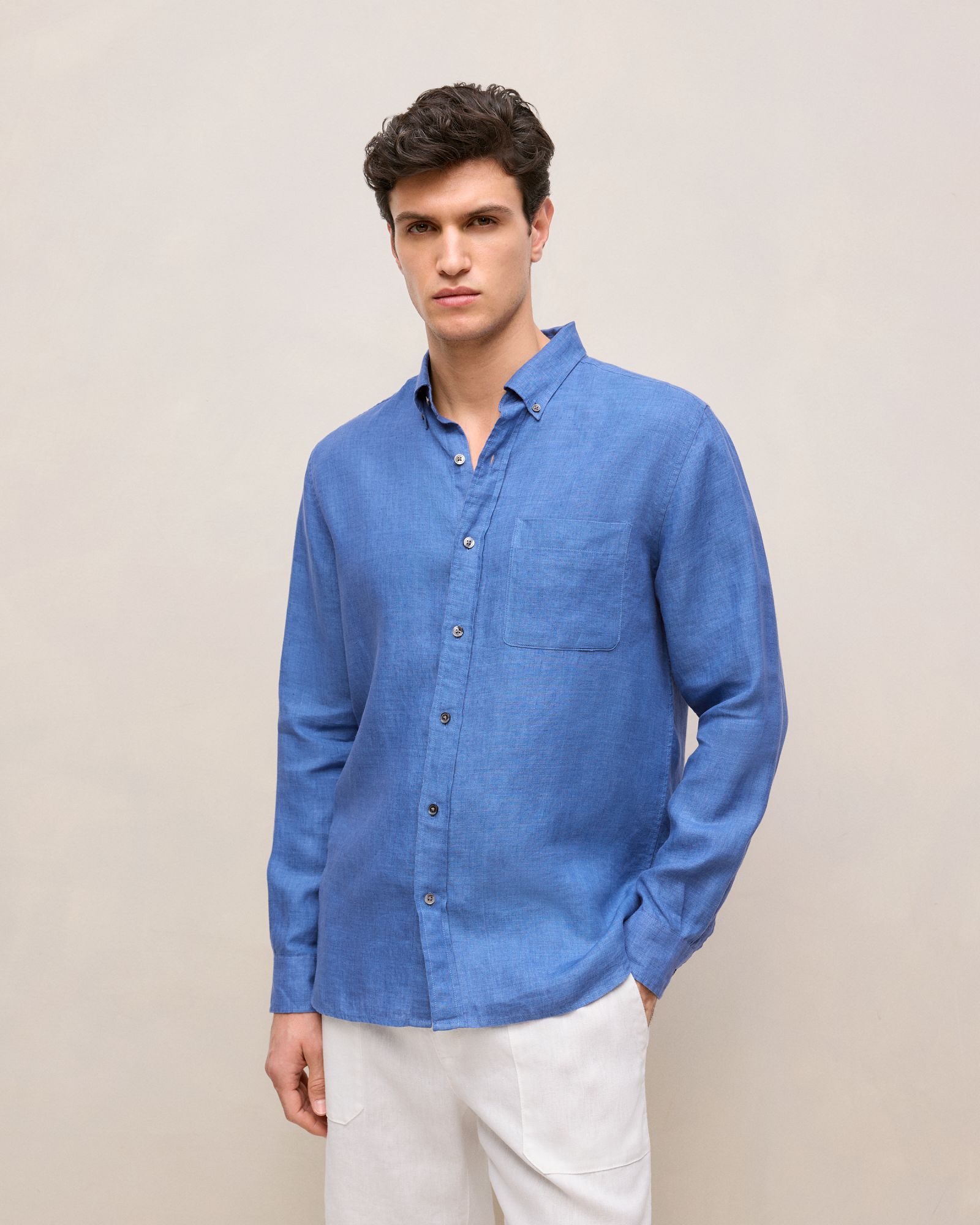 Regular Fit Delave Linen Long Sleeve Shirt in Mineral Blue