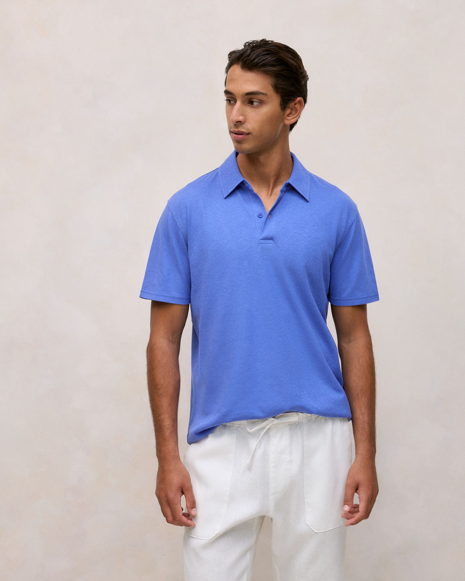 Linen Cotton Jersey Polo in Vivid Blue