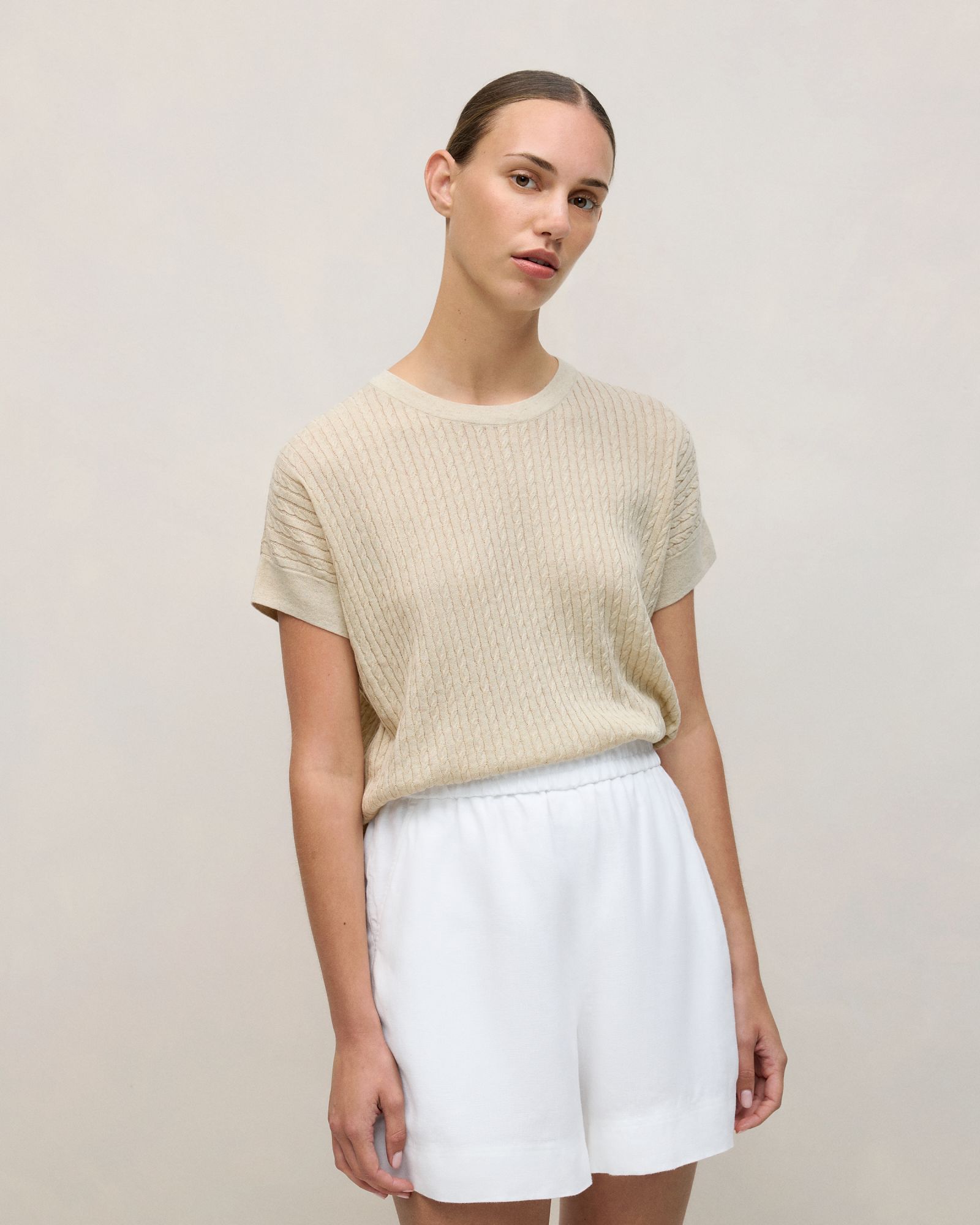 Linen Cotton Cable Knit T-shirt in Flax