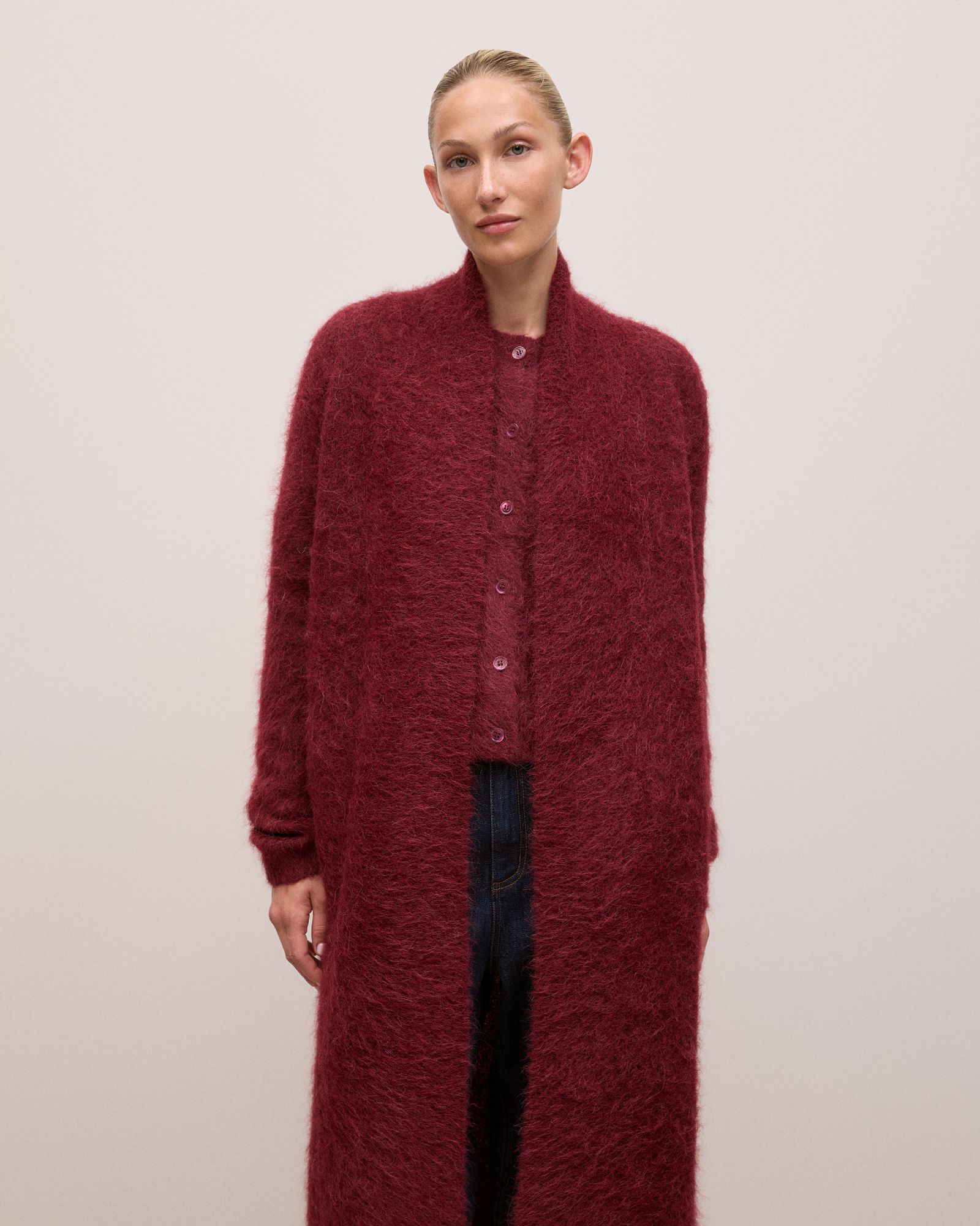 Brushed Alpaca Longline Cardigan in Red Mahogany