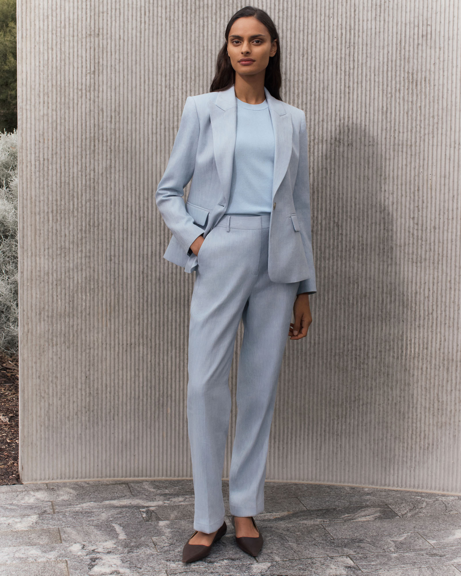 Linen Cotton Yarn Dyed Herringbone Pant in Pale Blue