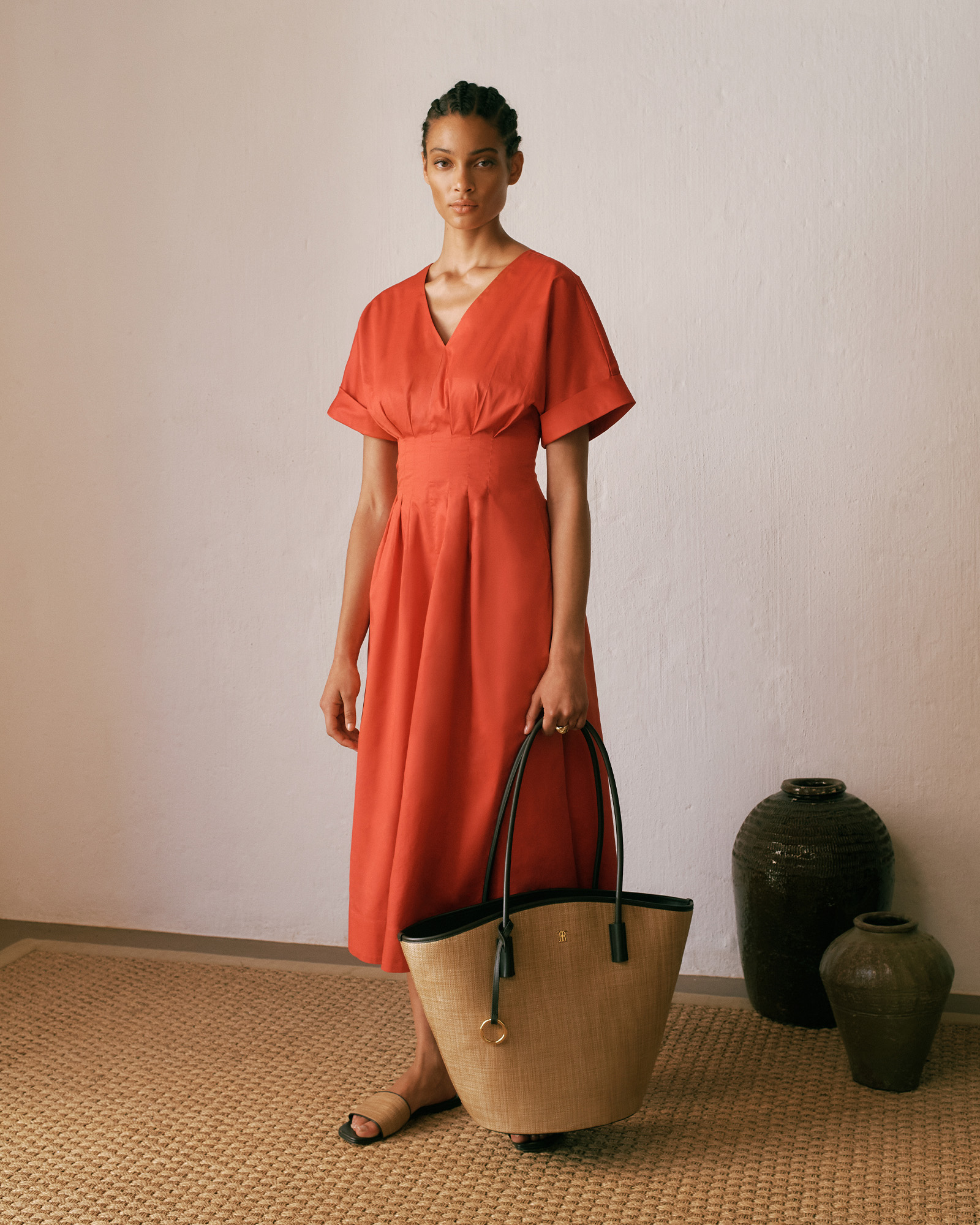 Cotton Sateen Pleat Waist Dress in Crimson
