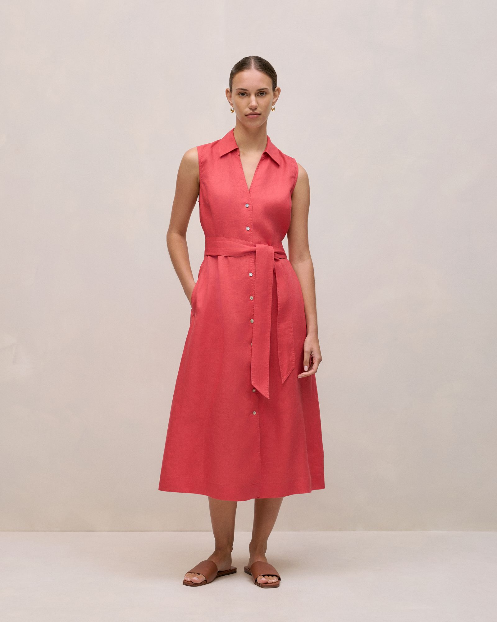 Linen Sleeveless Shirt Dress in Crimson