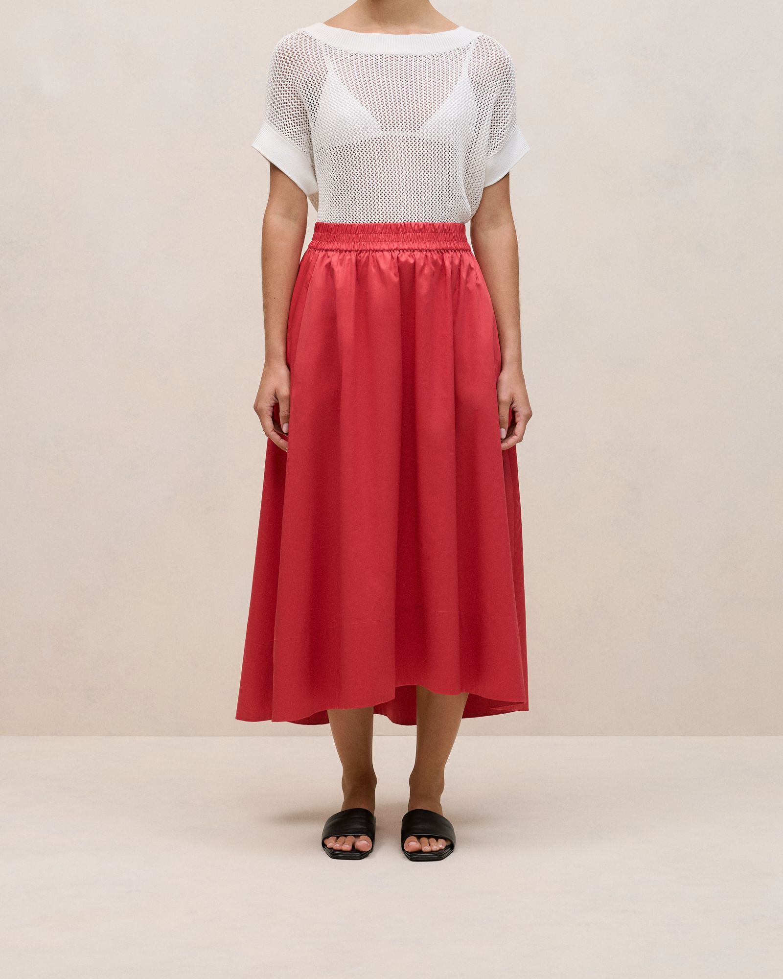 Cotton Sateen Waterfall Skirt in Crimson
