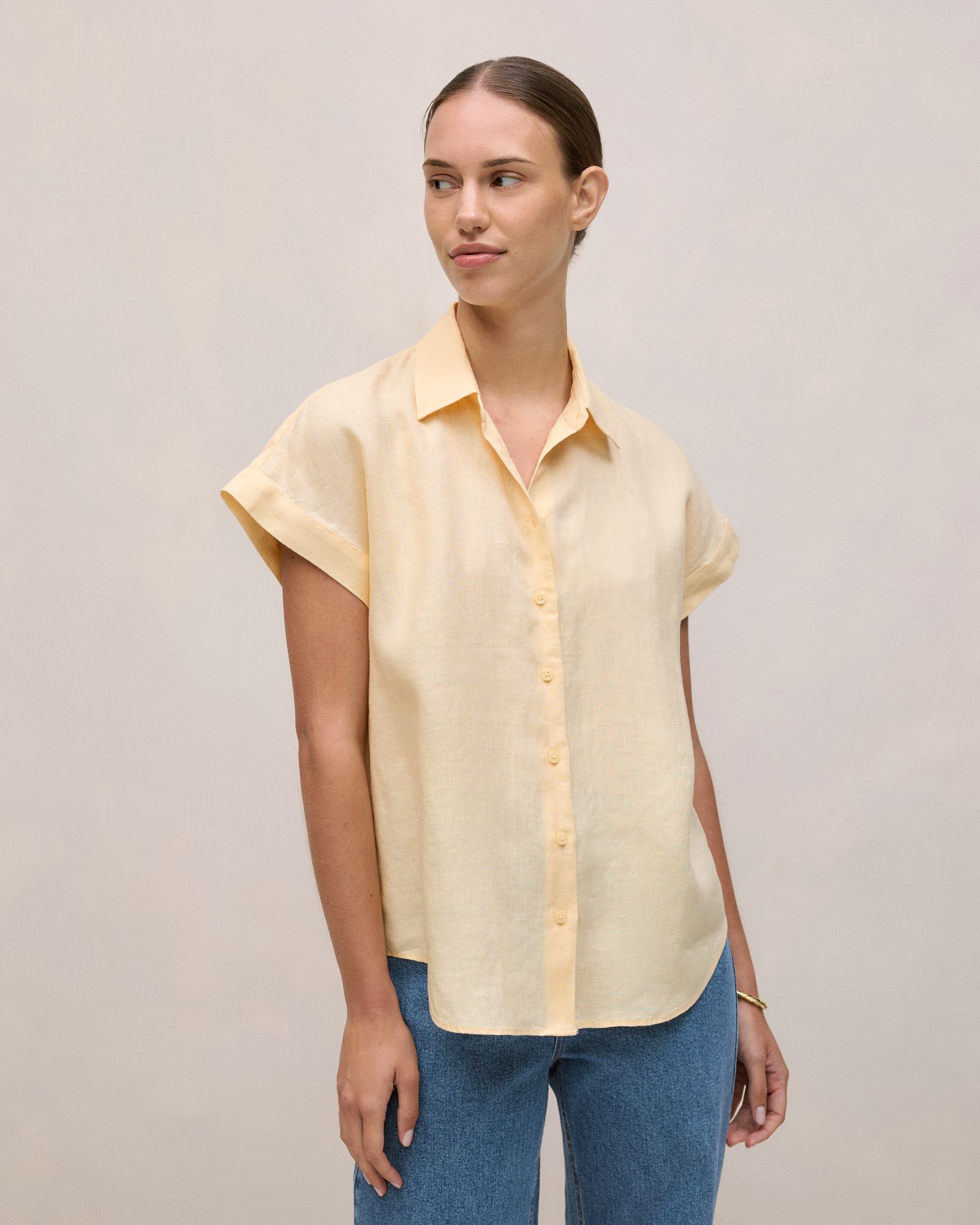 Linen Cap Sleeve Shirt in Butter