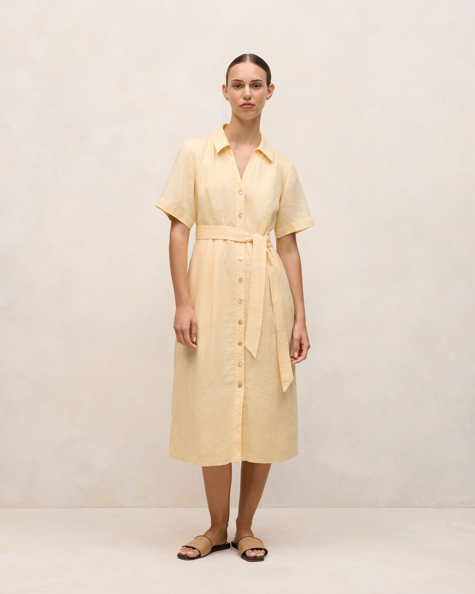 Linen Button Detail Shirt Dress in Butter